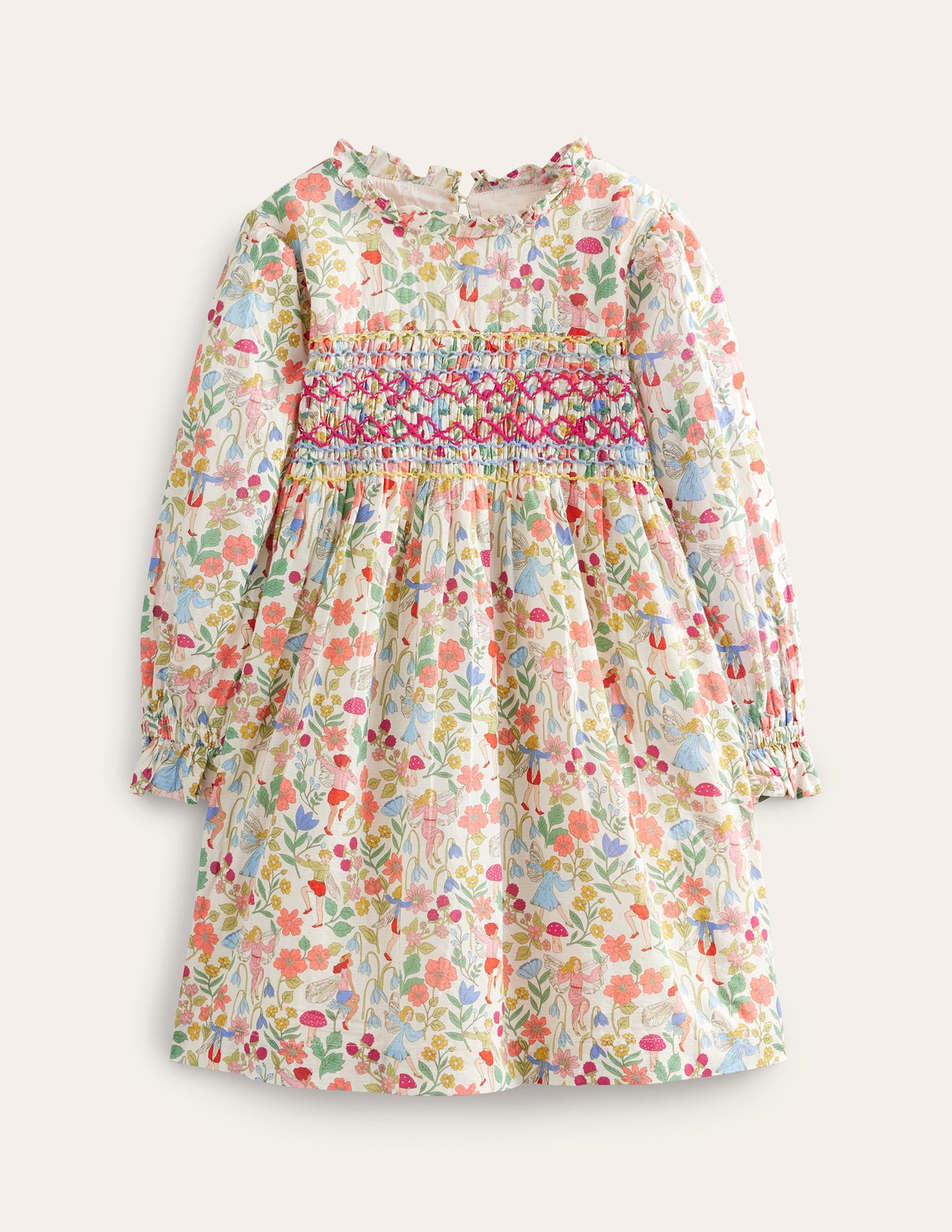 Robe imprimée à smocks-Fées vanille-1