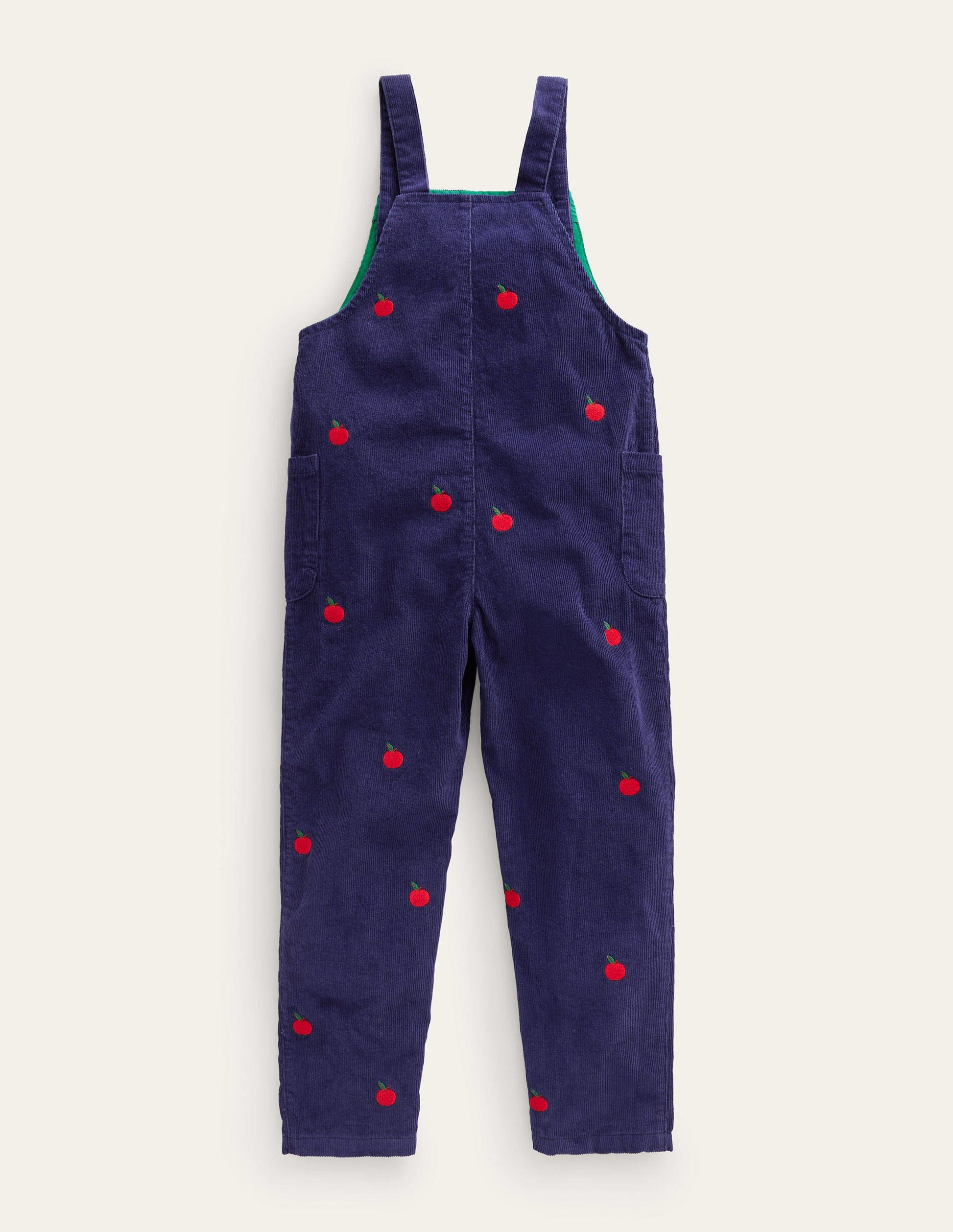 Locker geschnittene Latzhose aus Cord-Schuluniform-Marineblau Stickerei Apfel-2