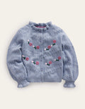 Embroidered Frill Cardigan-Pebble Blue