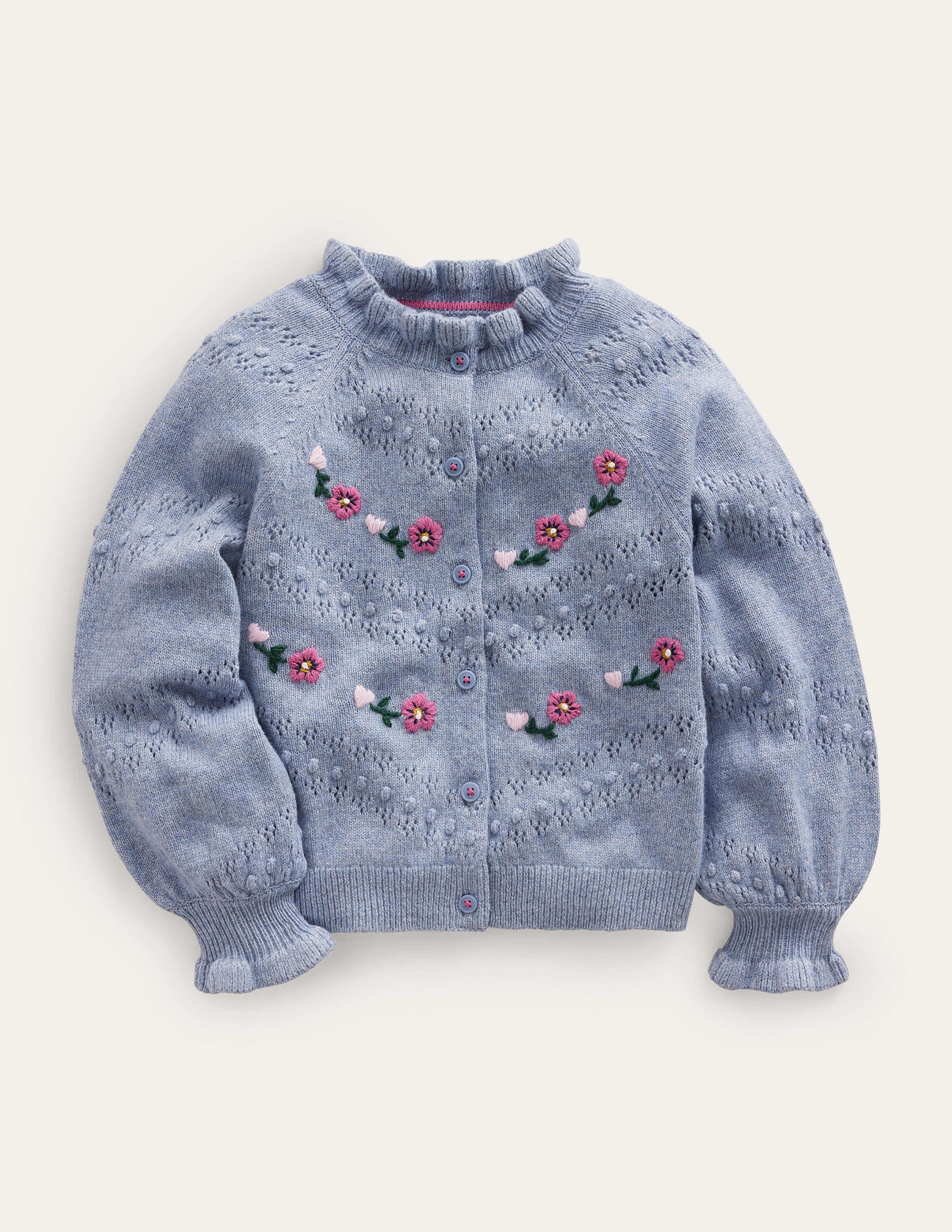 Embroidered Frill Cardigan-Pebble Blue - Image 1