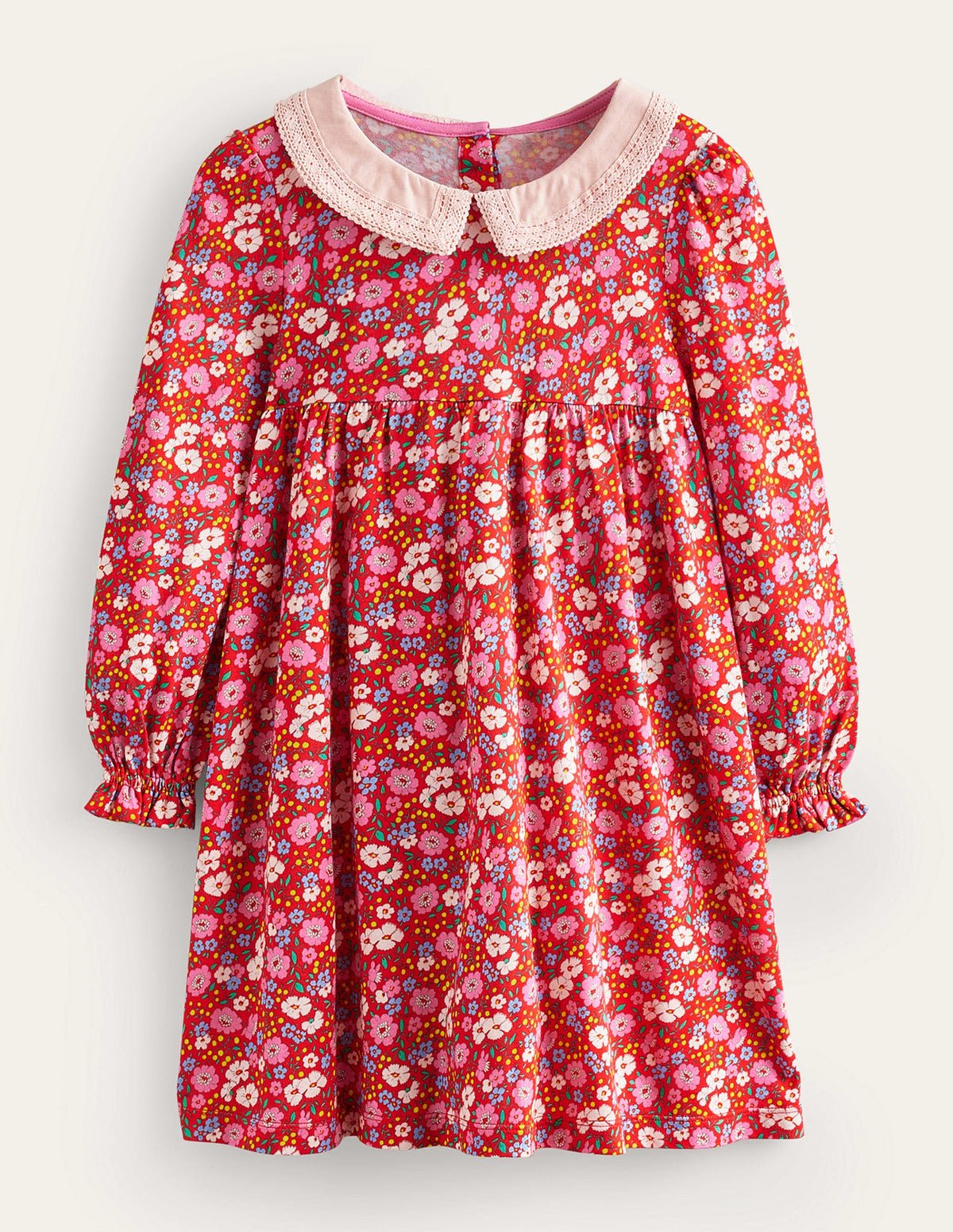 Jersey-Kleid mit Spitzenkragen-Leuchtendes Rot Festlich Blumen-1