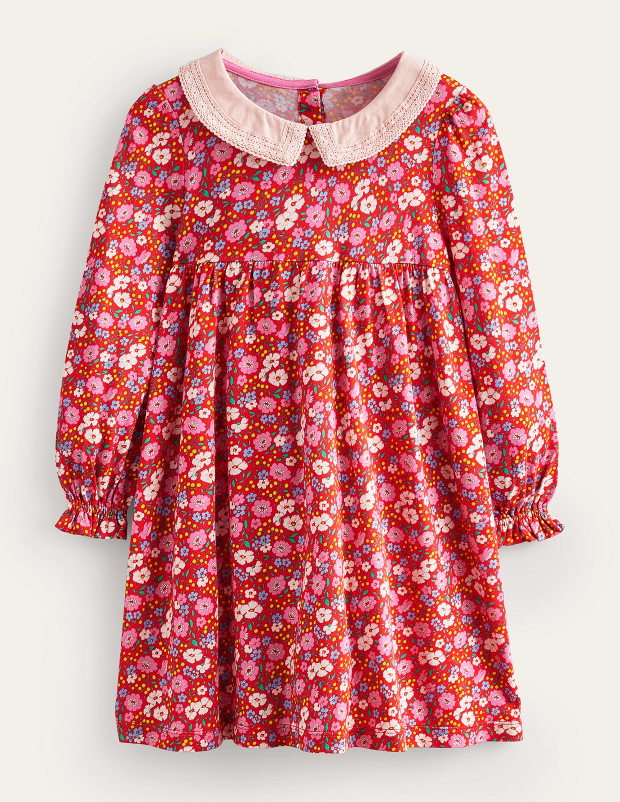 Jersey-Kleid mit Spitzenkragen-Leuchtendes Rot Festlich Blumen - Image 1