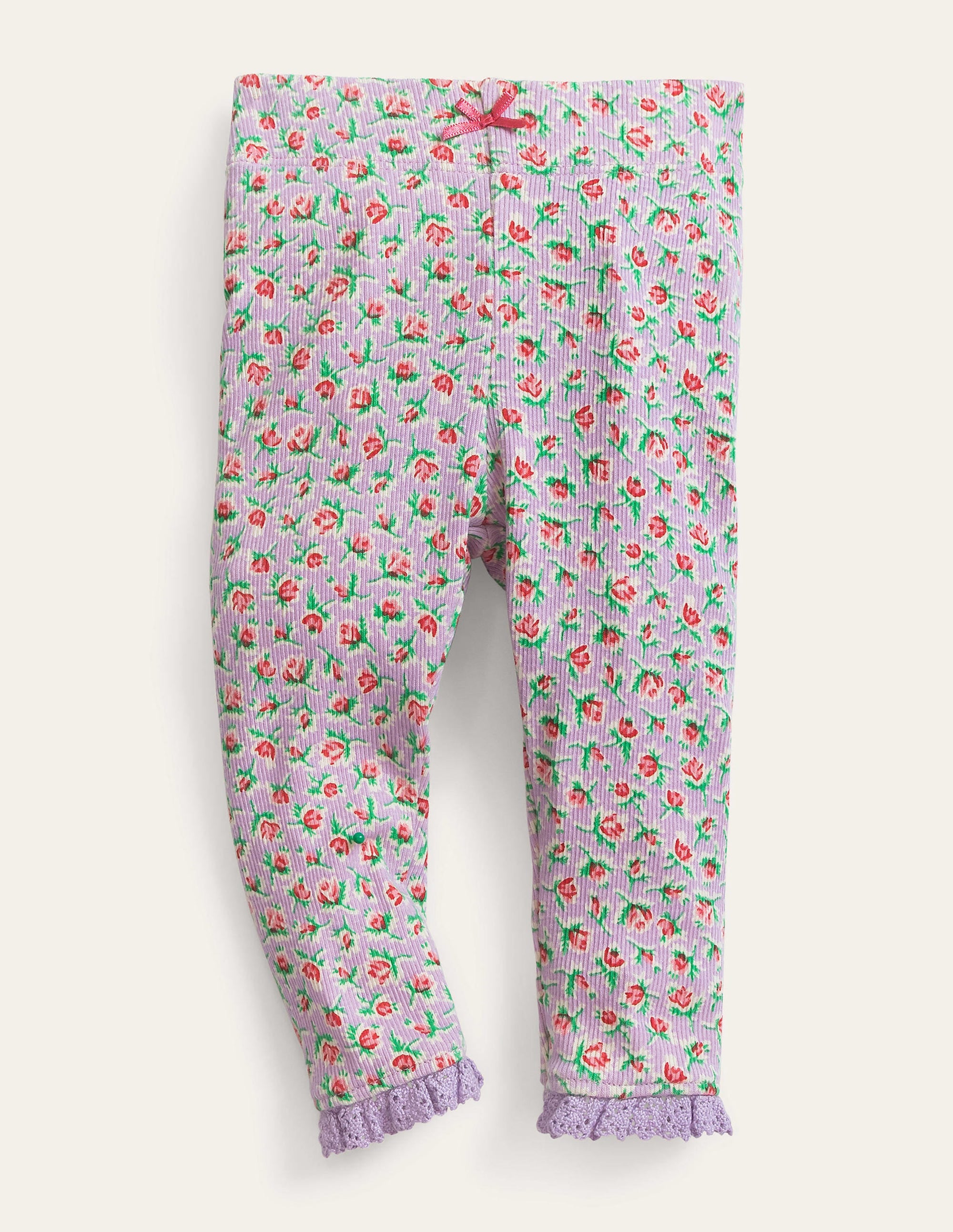 Gerippte Leggings mit Spitze-Fliederrosa, Vintage-Blumen - Image 1