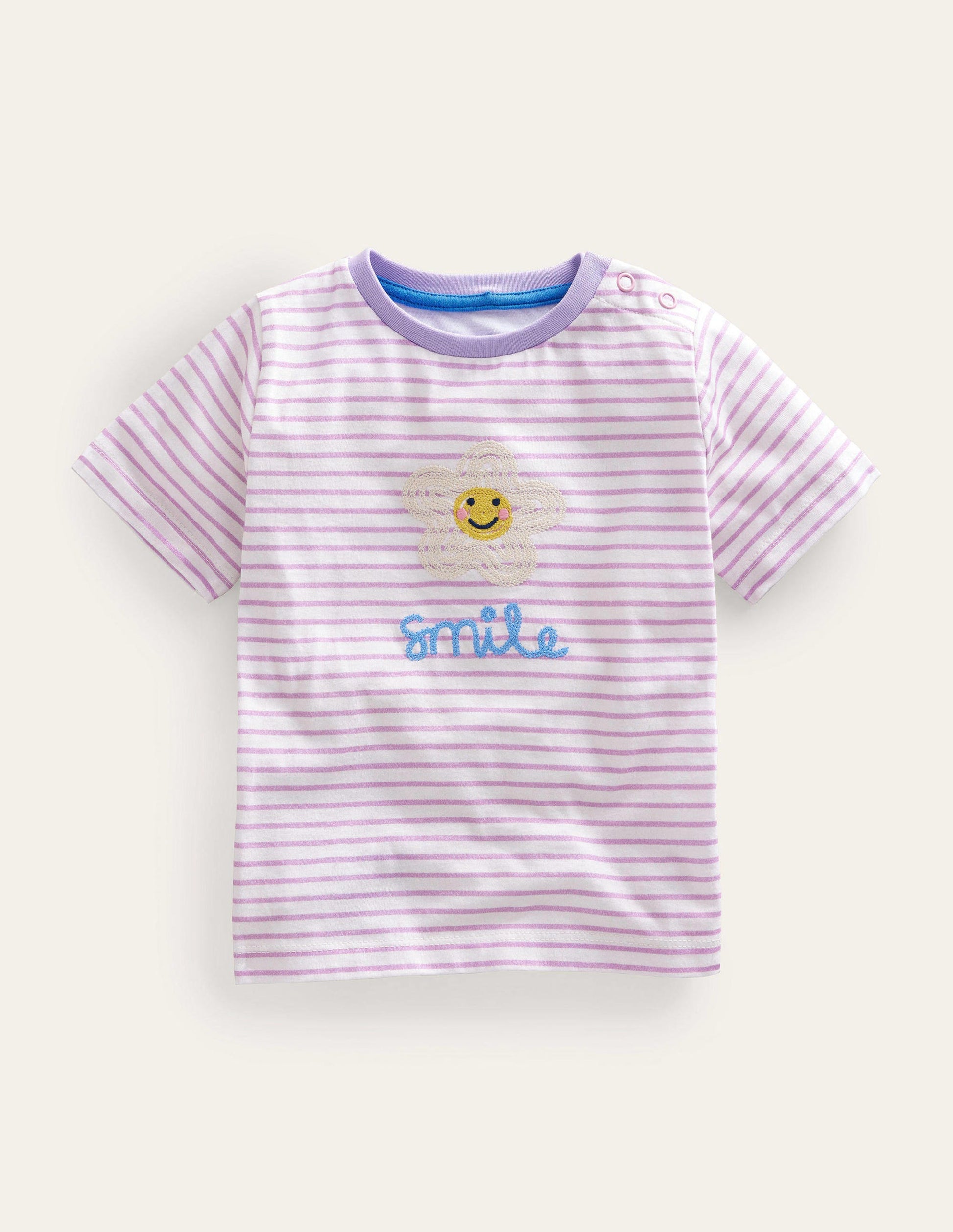 T-Shirt mit aufgestickter Grafik-Naturweiß/Zartes Lavendellila, Smile-1