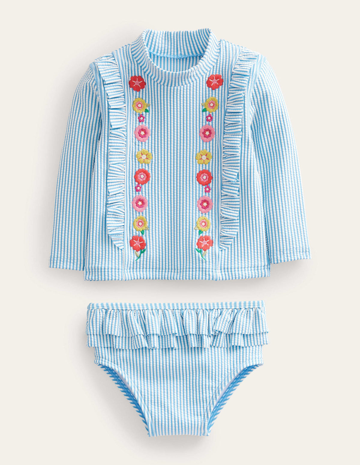 Gerüschtes Badeset mit USF-Badeshirt-Surfbrett-Blau/Naturweiß, Gestreift-1