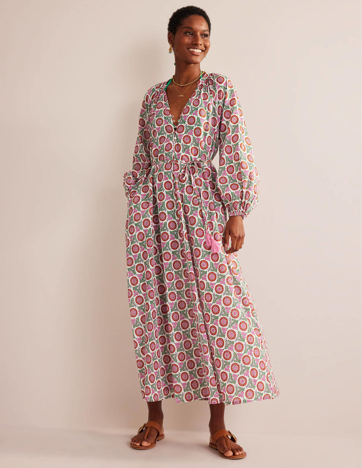 Notch-Neck Cotton Maxi Dress-Gin Fizz, Sunflower Sprig-1