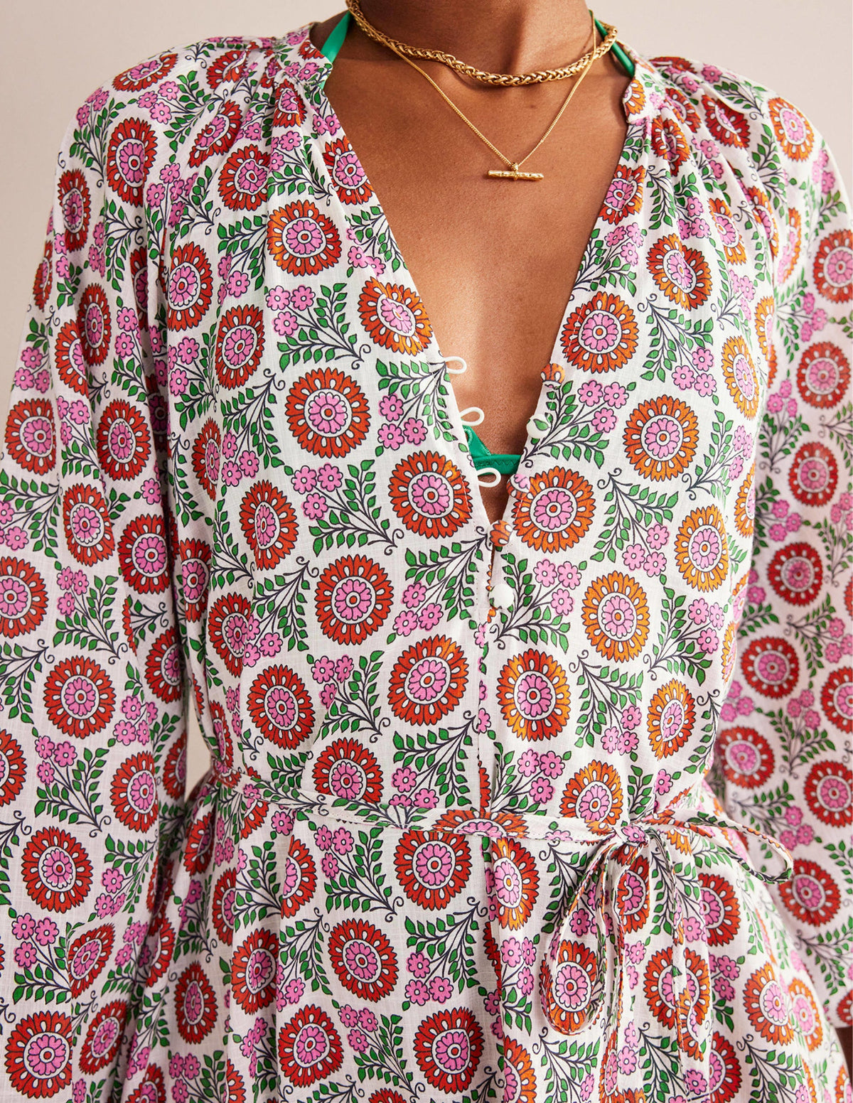 Notch-Neck Cotton Maxi Dress-Gin Fizz, Sunflower Sprig-2