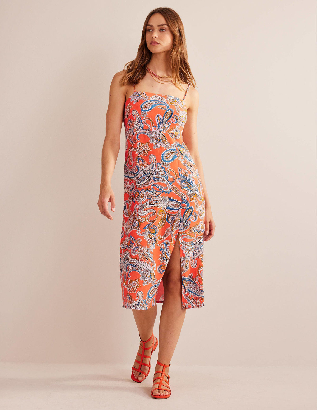 Trägerkleid in Säulenform mit Empire-Taille-Orangengelee, Paradise Pop-4