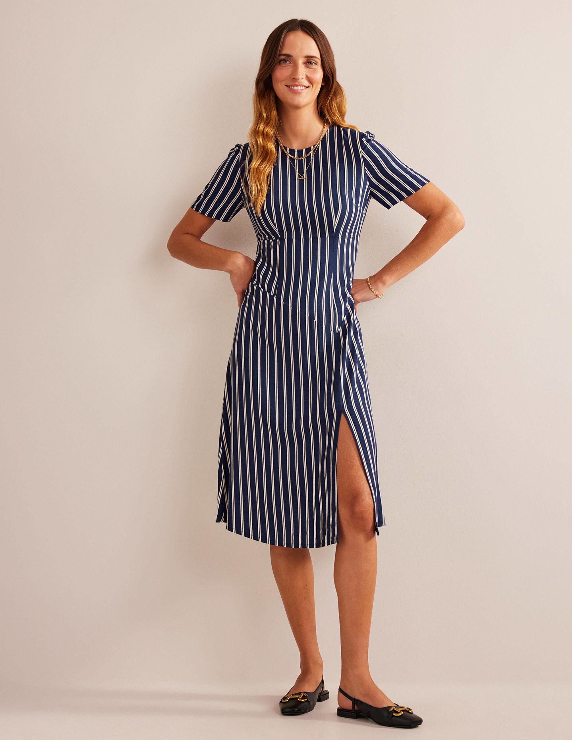 Striped Asymmetric Midi Dress-Navy and Ivory Vertical Stripe - Image 5