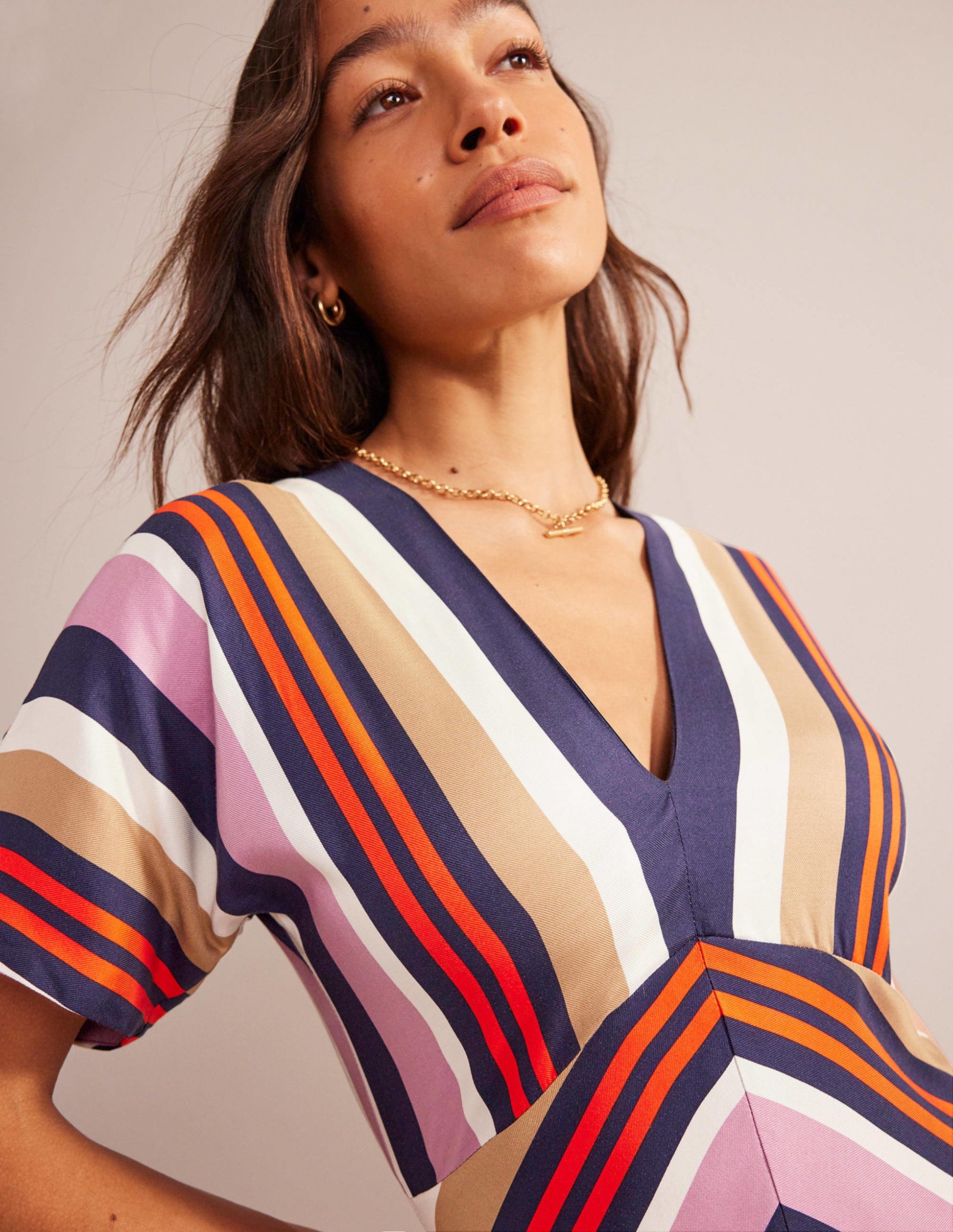 V-Neck Satin Midi Dress-Multi Stripe-2