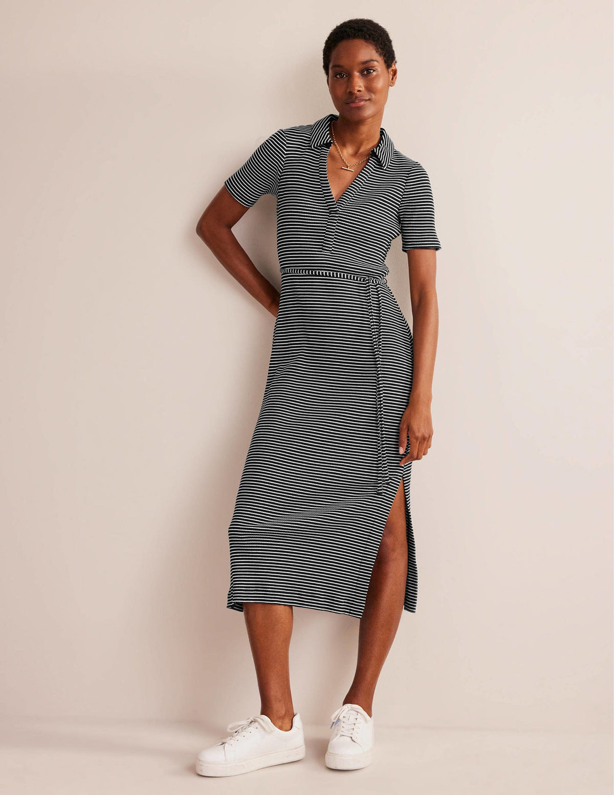 Henley Hemdblusenkleid-Schwarz, Naturweiß Gestreift-2