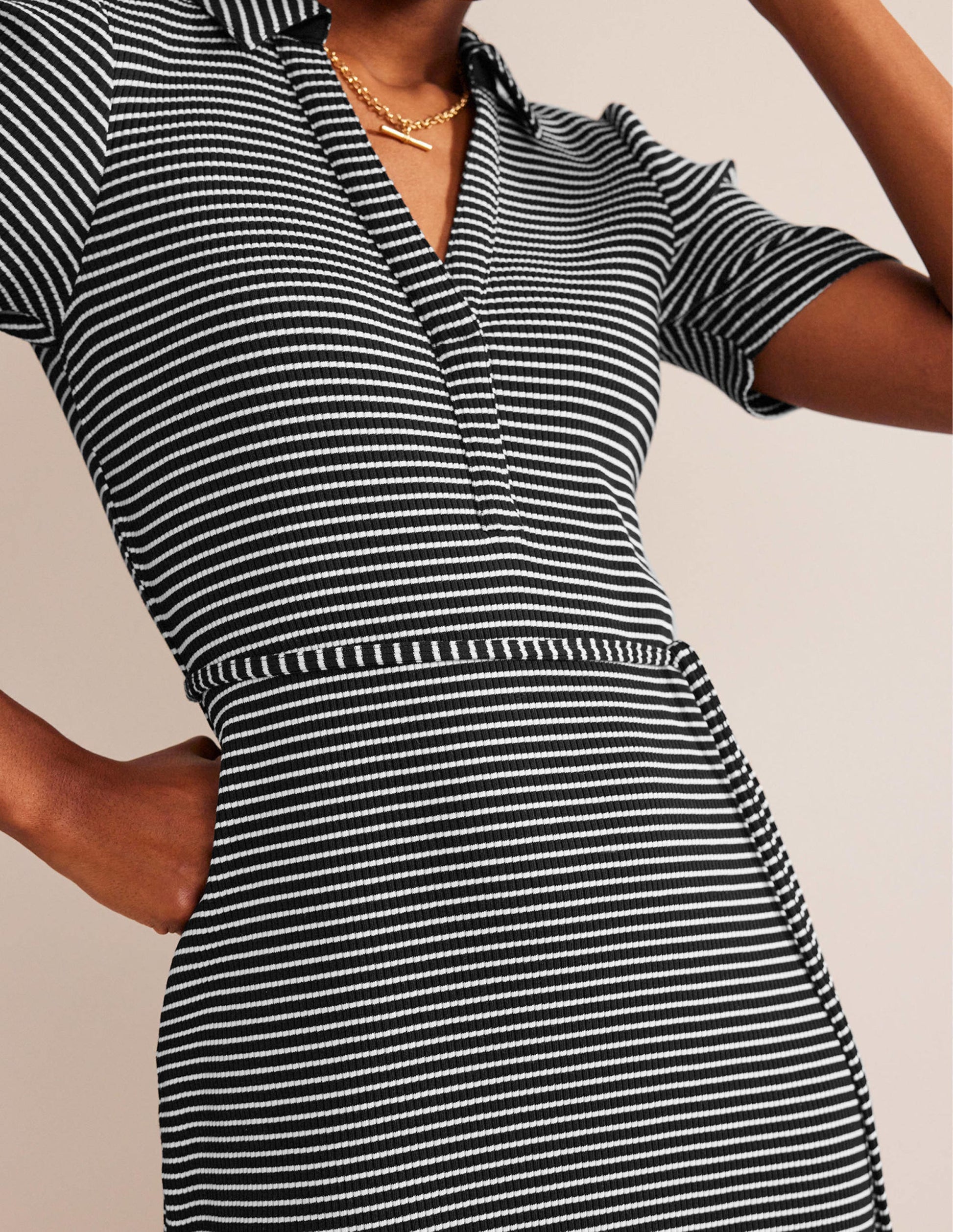 Henley Hemdblusenkleid-Schwarz, Naturweiß Gestreift-3