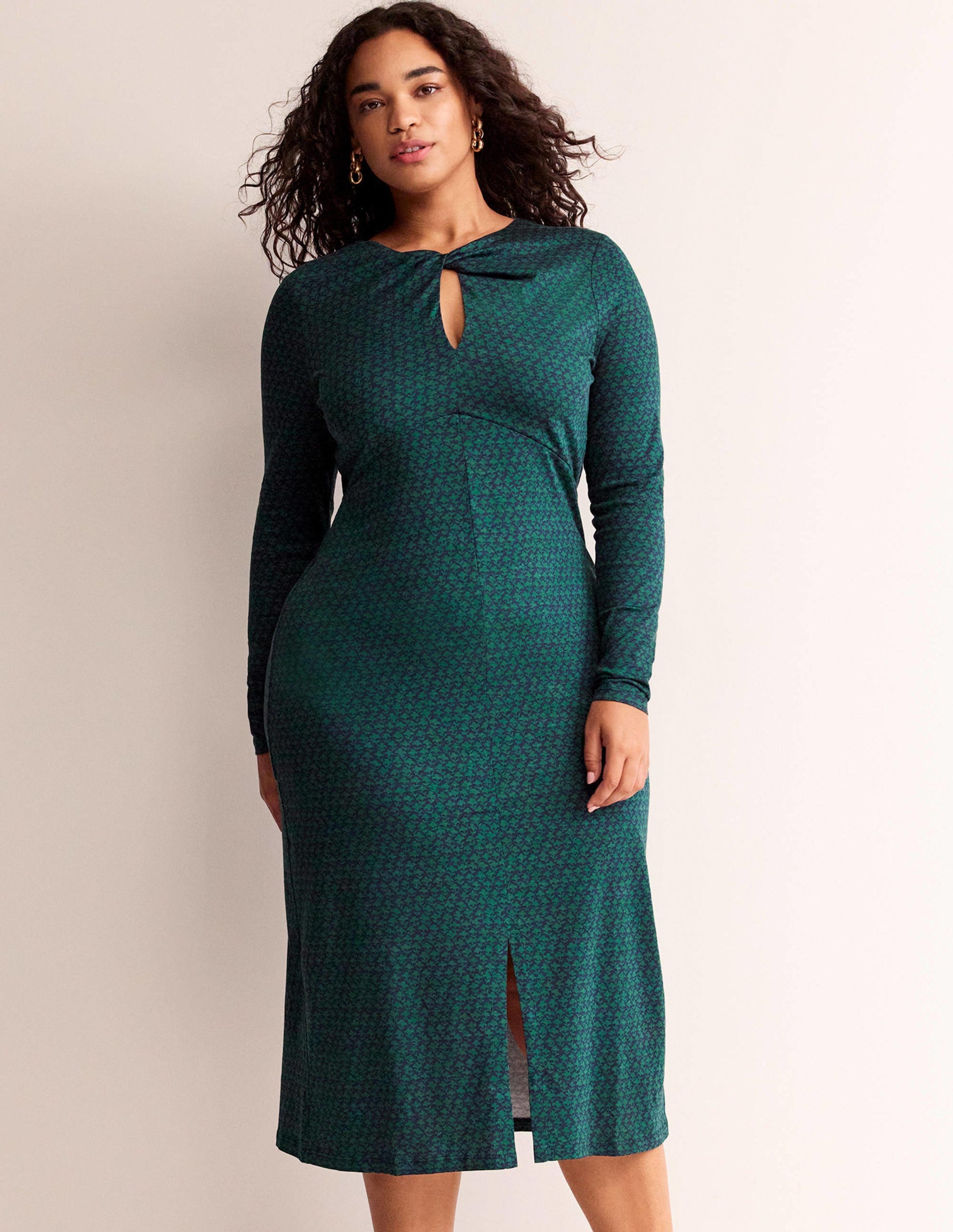 Midikleid in Empire-Form zum Knoten-Dunkles Smaragdgrün, Lilienzweig-5