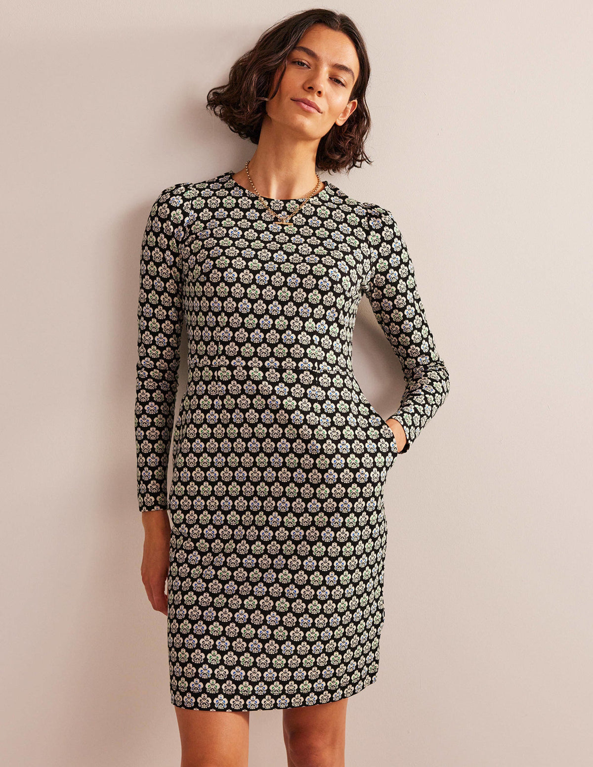 Robe Penelope en jersey-Noir, motif Carnation Stamp-1