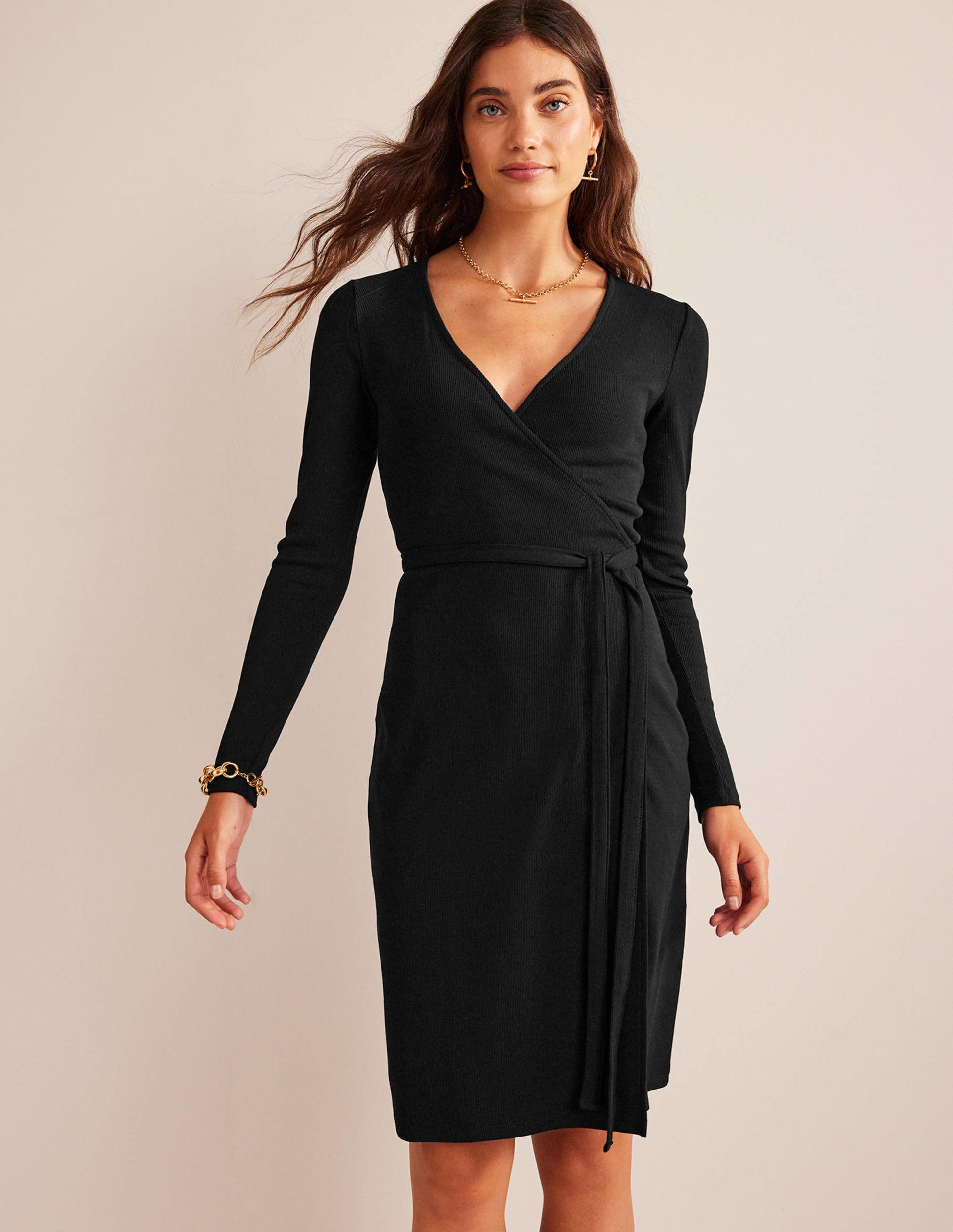 Robe portefeuille en jersey côtelé-Noir-4