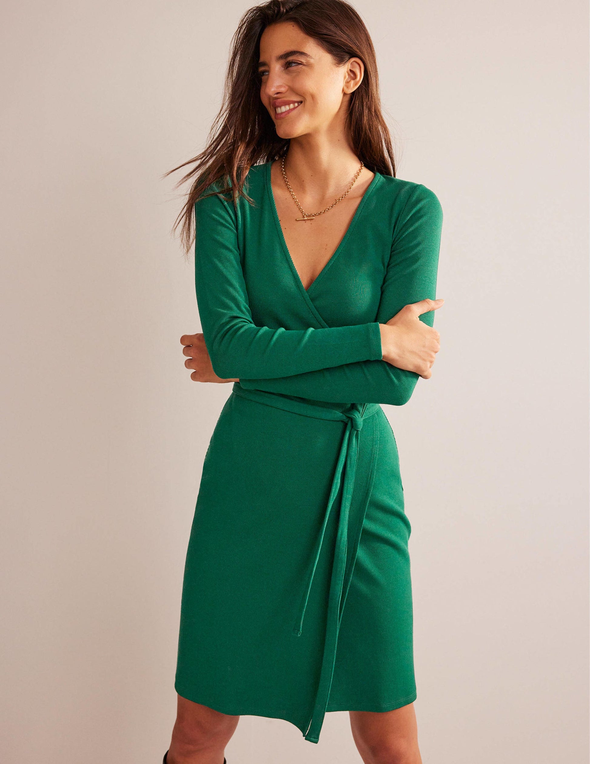 Robe portefeuille en jersey côtelé-Émeraude nocturne-1