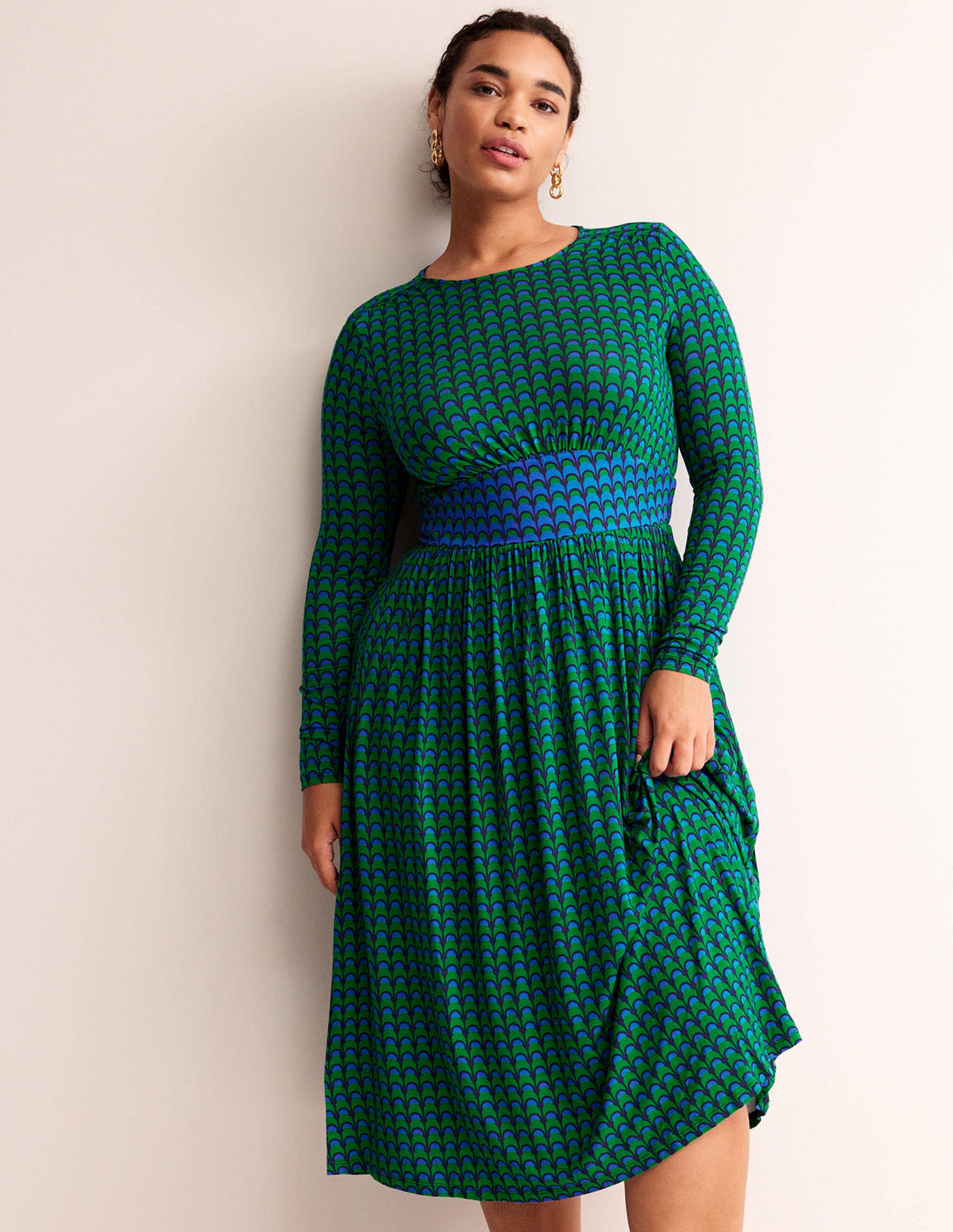 Thea Jersey-Midikleid mit langen Ärmeln-Veridiangrün, Geo-Charm-5