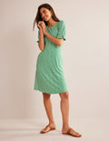 Mini-robe en jersey à manches bouffantes-Vert prairie, motif Daisy Bud