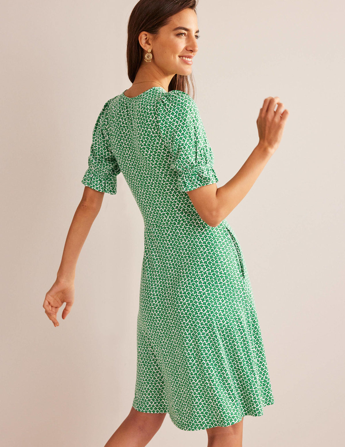 Mini-robe en jersey à manches bouffantes-Vert prairie, motif Daisy Bud-3