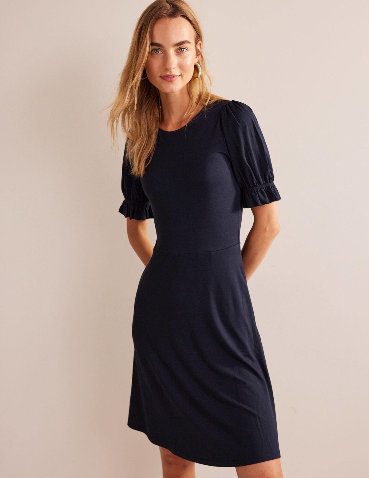 Jersey-Minikleid mit Puffärmeln-Marineblau-4