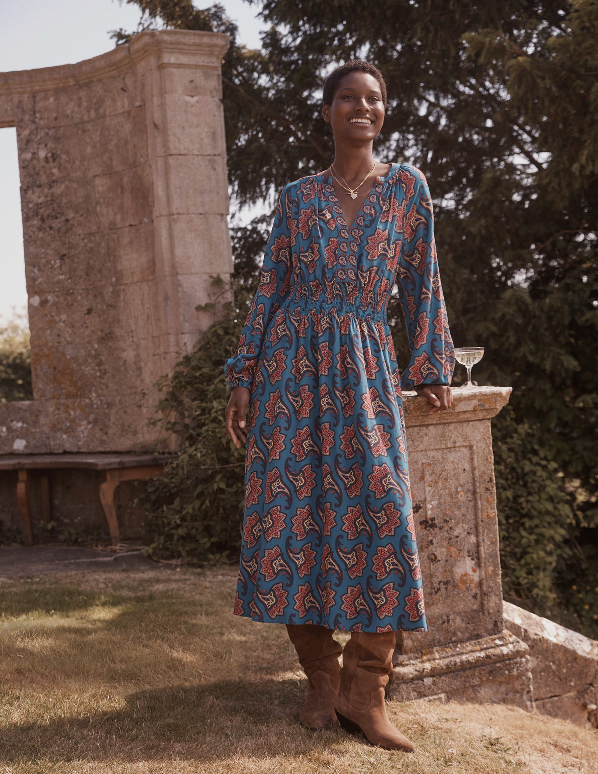 Border Print Raglan Midi Dress-Aegean Blue, Paisley Amaryllis-5