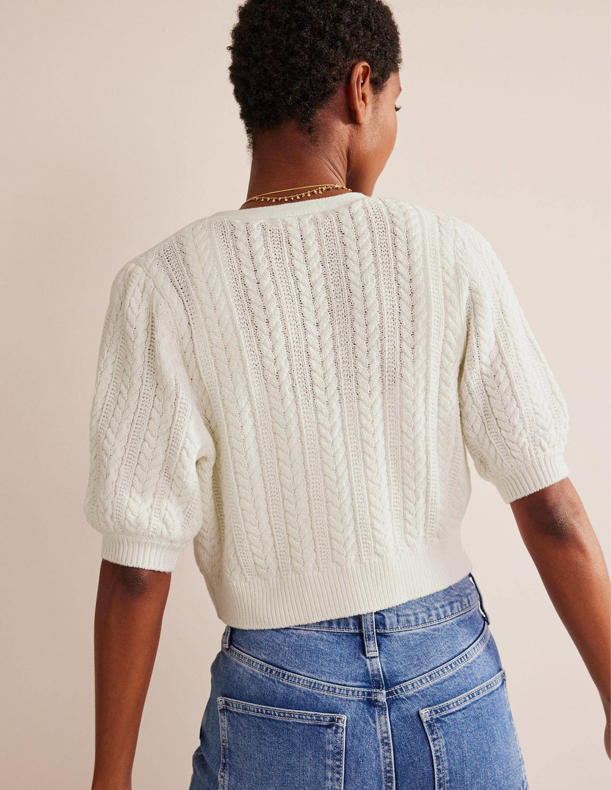 Verkürzte Strickjacke mit Schleife-Warmes Naturweiß-3