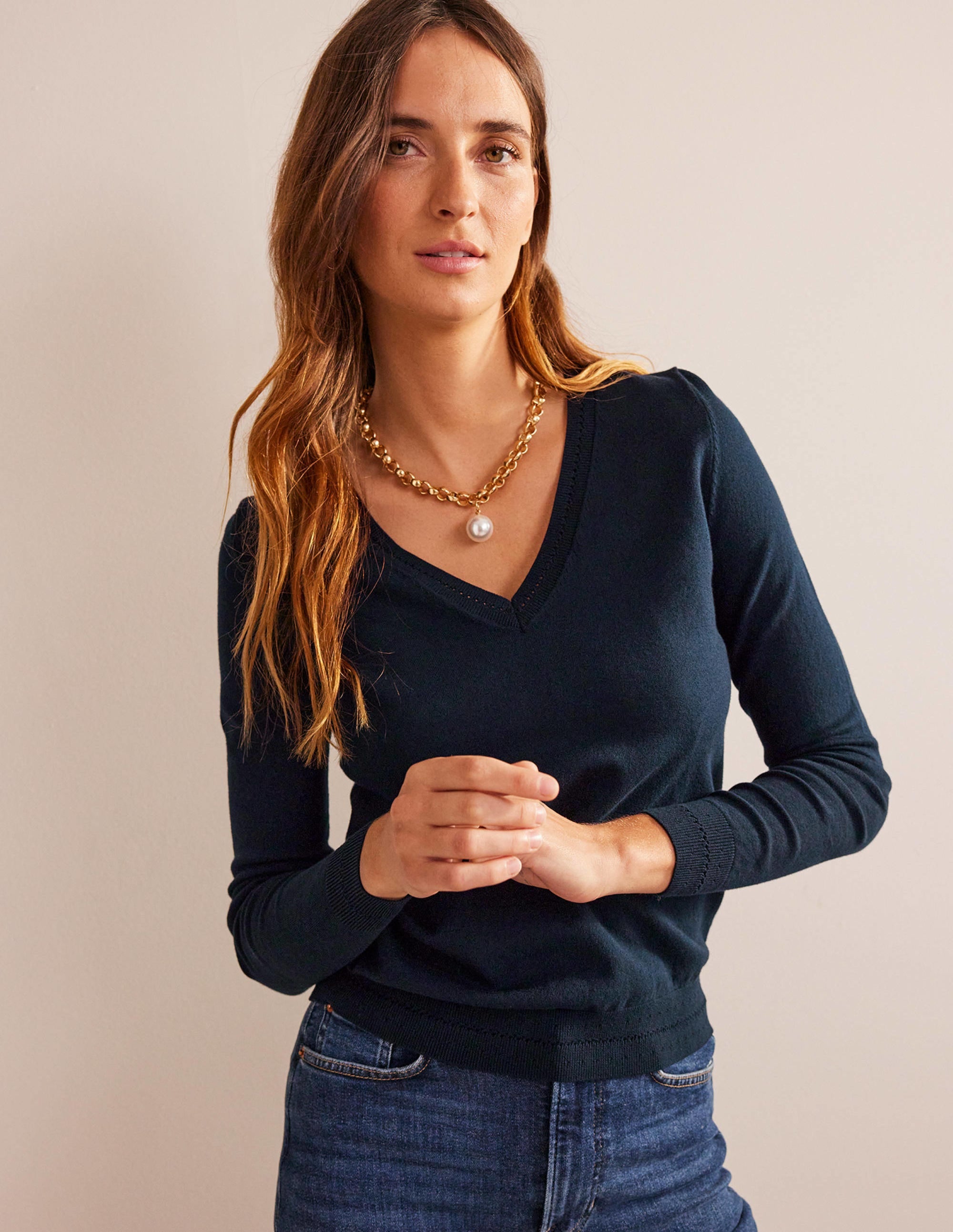 Catriona Cotton V-Neck Jumper-Navy - Image 1