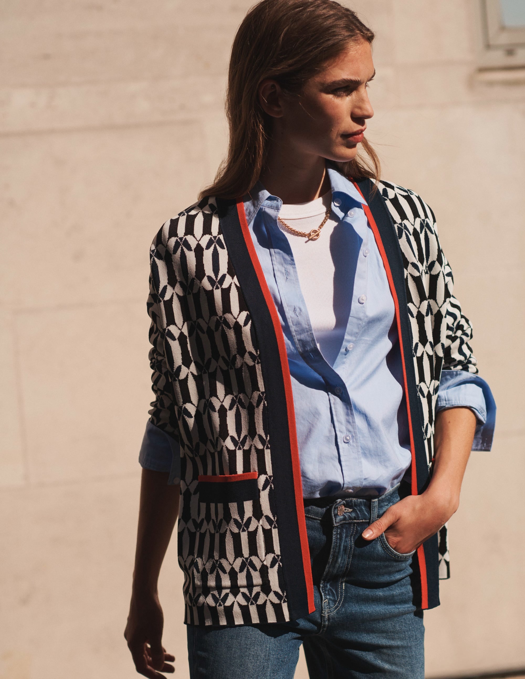 Jacquard-Strickjacke-Schwarz und Naturweiß, Geometrisch - Image 5