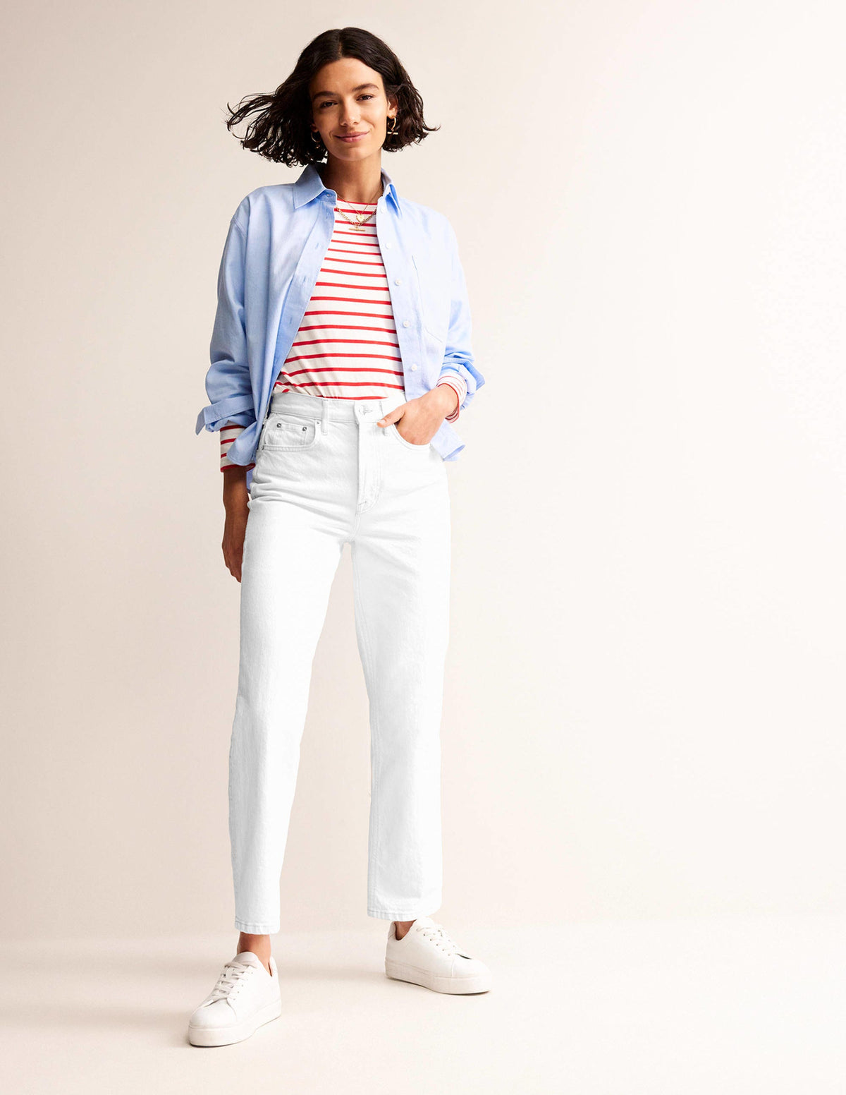 Hoch geschnittene Jeans mit klassisch geradem Bein-Weiß-1