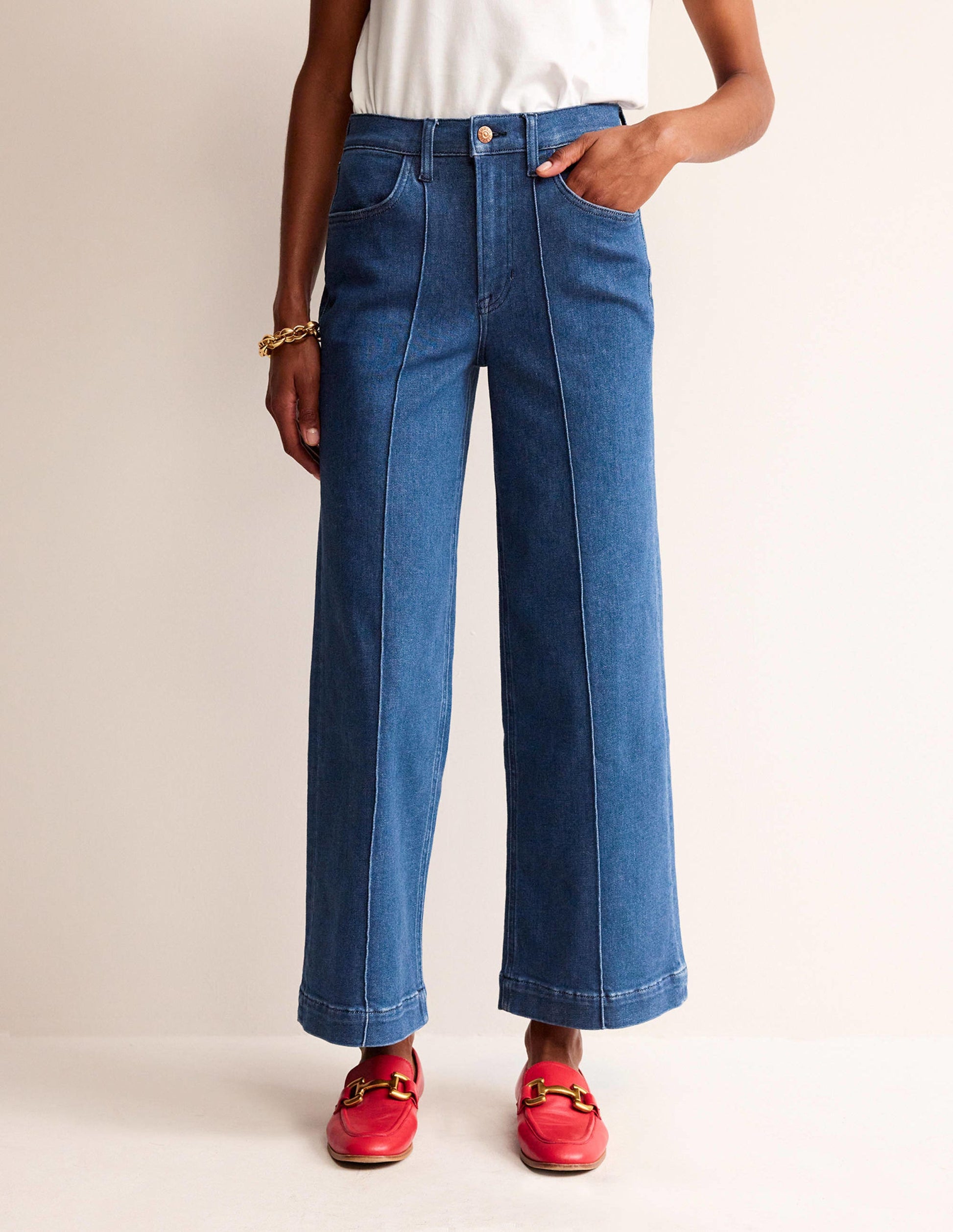 Jeans mit hohem Bund und weitem gesäumtem Bein-Vintage Blau-4