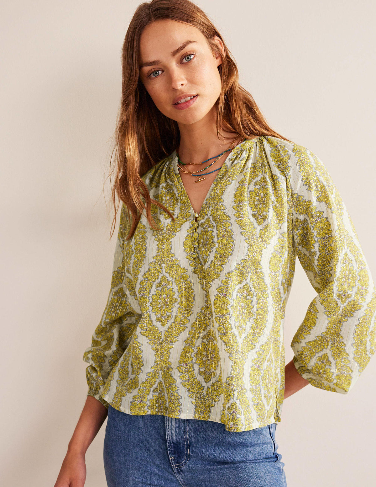 Printed Notch-Neck Sparkle Top-Pineapple, Botanic Wreath-1