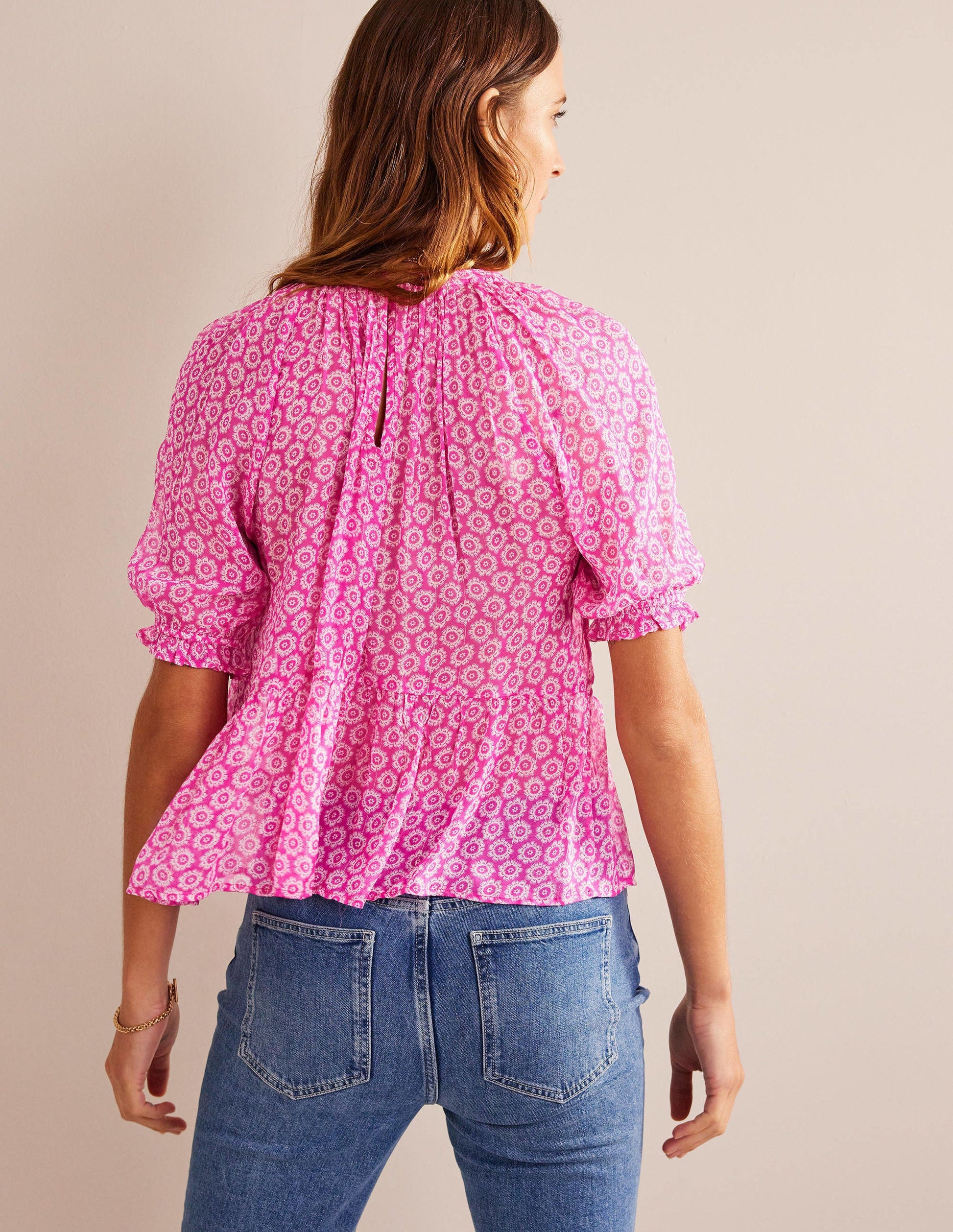 Gerafftes Georgette-Oberteil mit Glitzer-Phlox-Rosa, Sunrise Pop-3