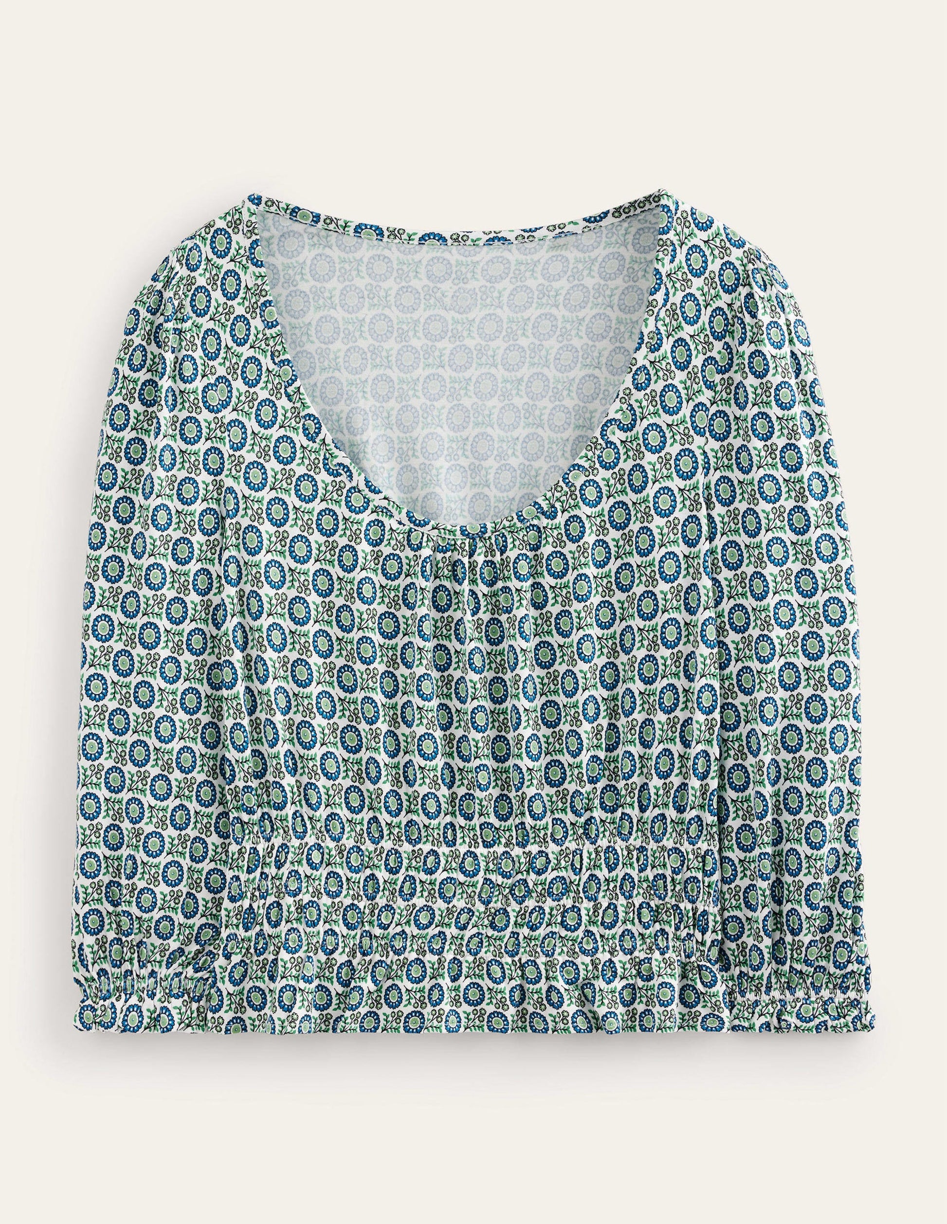 Gesmoktes Jersey-Oberteil mit Schößchen-Ägäisches Blau, Sonnenblumenzweig-5
