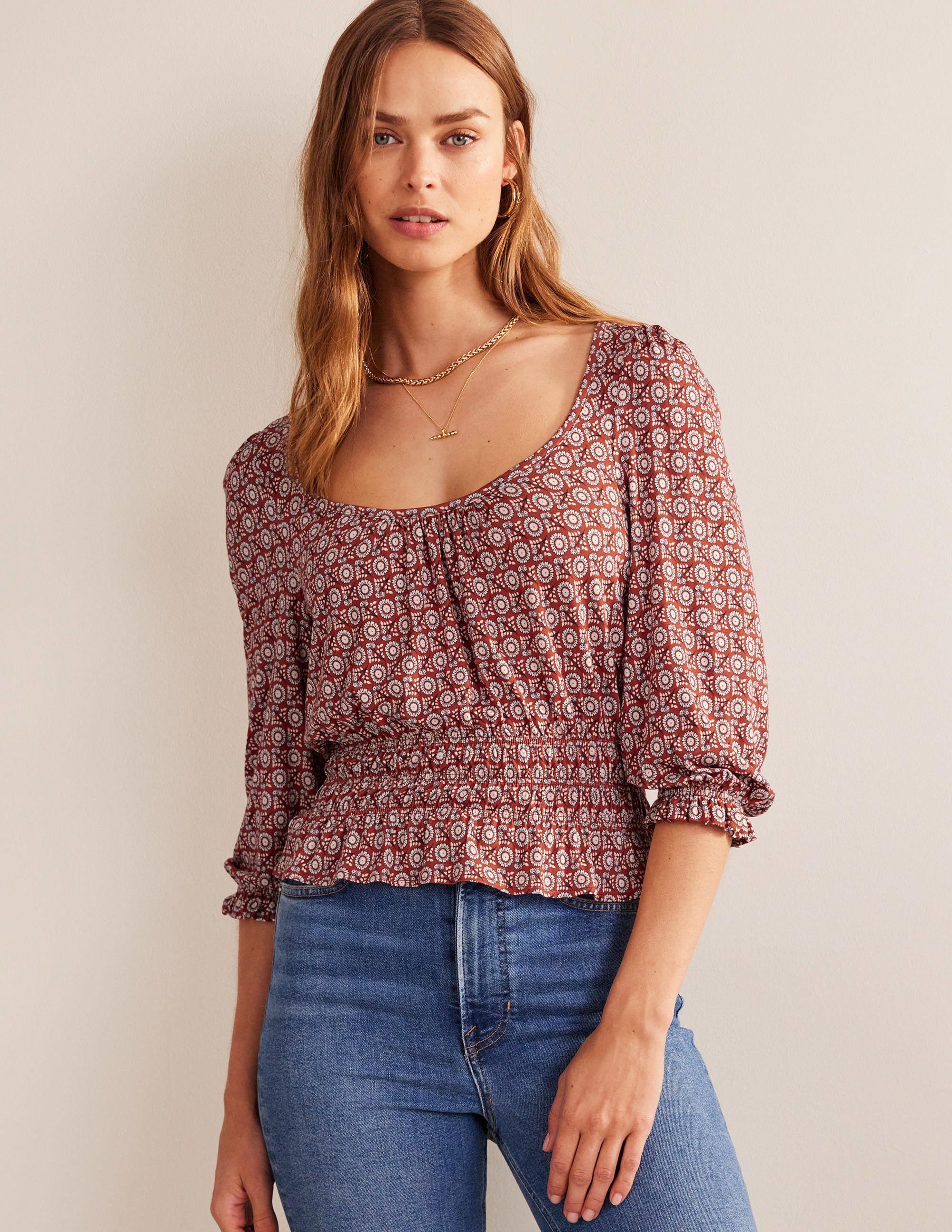 Top en jersey à basques et smocks-Tomate, motif Sunflower Spring - Image 4
