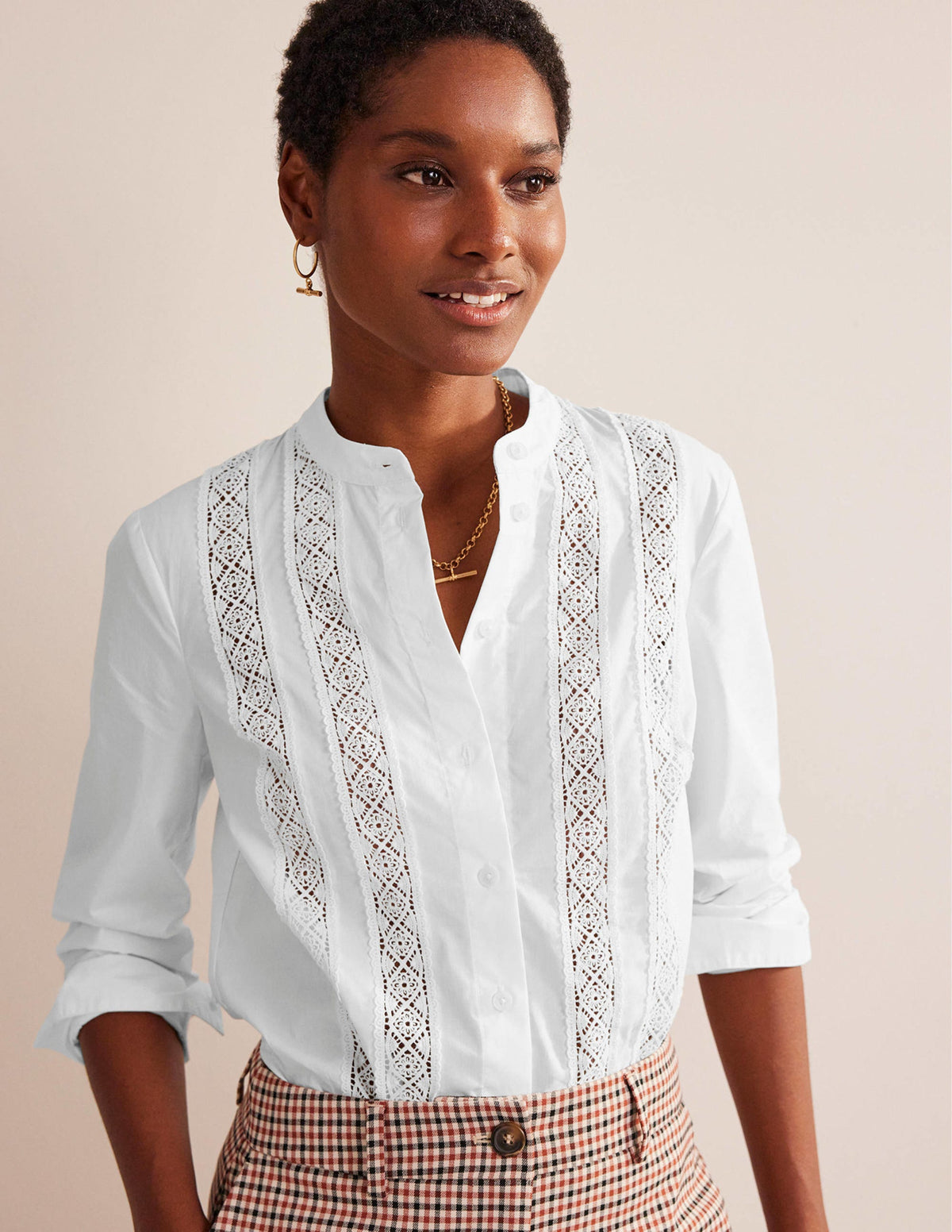 Chemise en popeline avec empiècement en dentelle-Blanc - Image 1