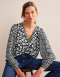 Hübsche Bluse mit V-Ausschnitt-Schwarz, Petal Pop