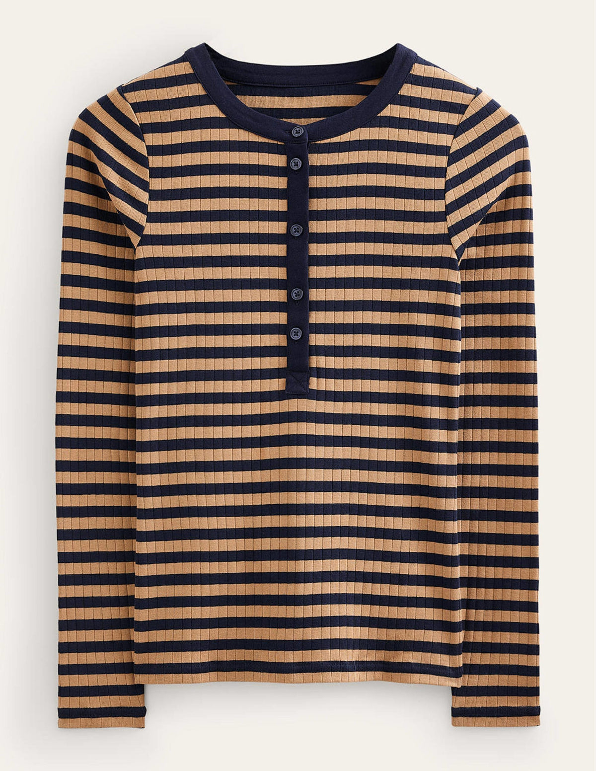 Anna Henley-T-Shirt aus Rippstrick-Marineblau, Kamel - Image 5