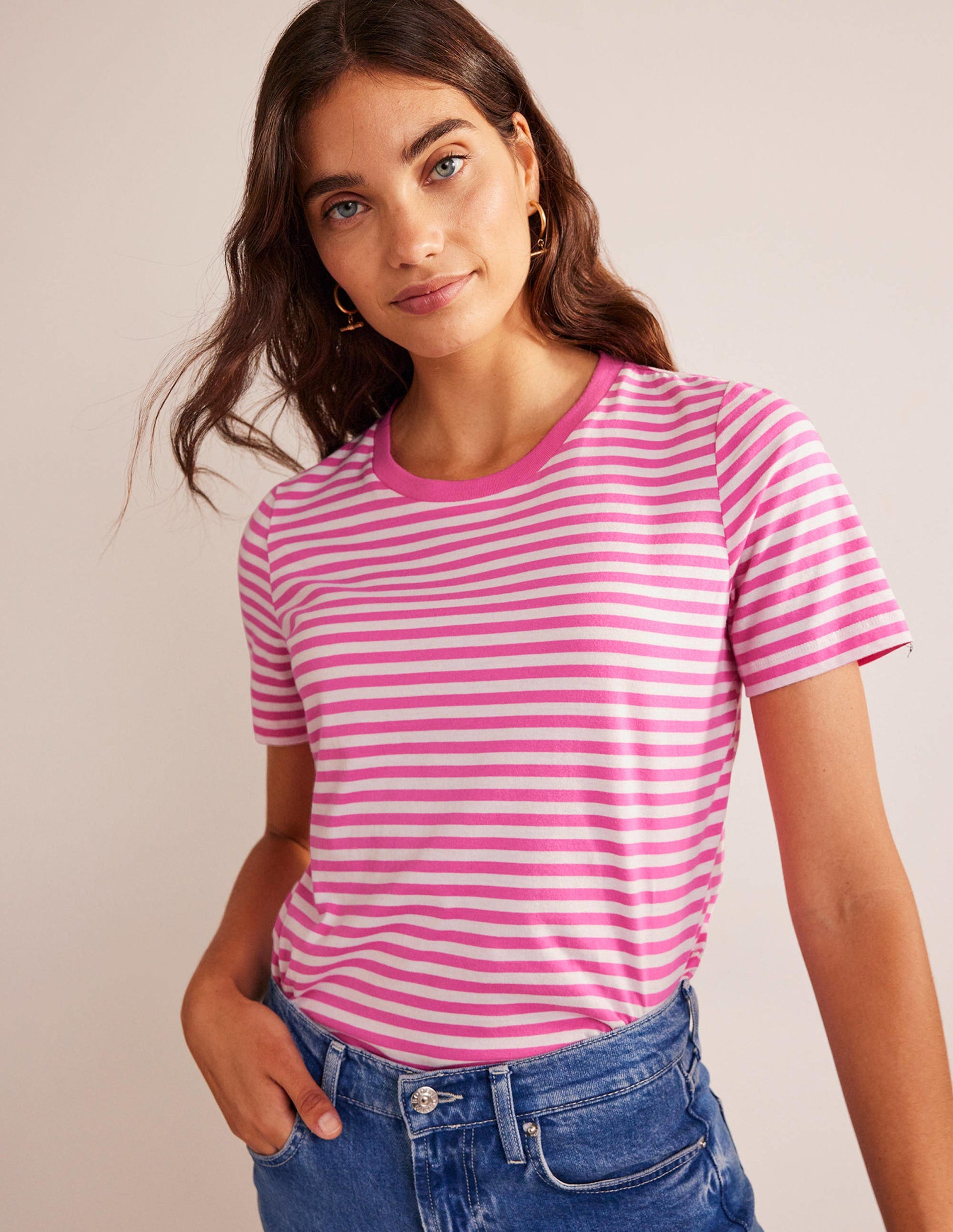T-Shirt aus reiner Baumwolle mit Rundhalsausschnitt-Naturweiß, Rosa-1