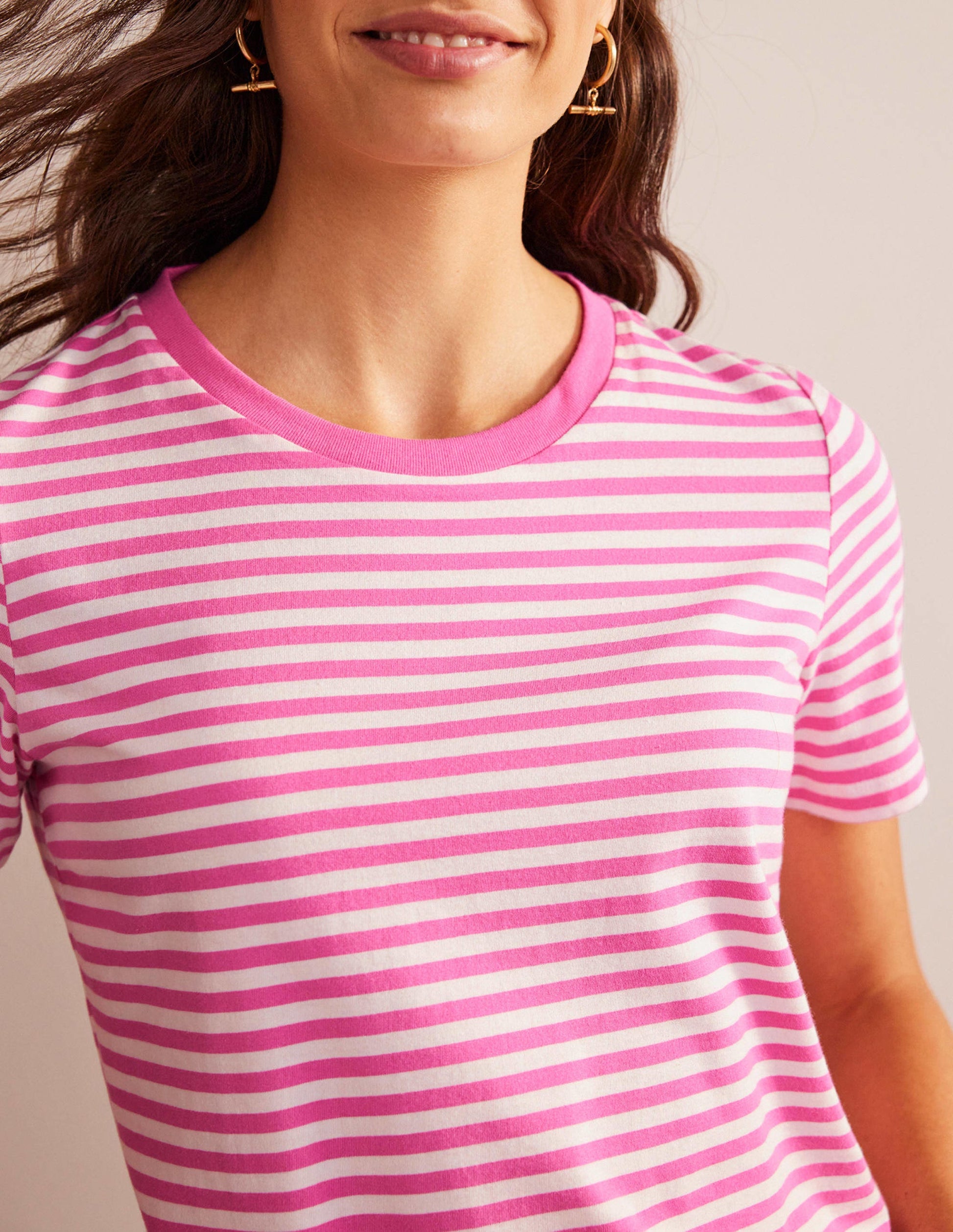 T-Shirt aus reiner Baumwolle mit Rundhalsausschnitt-Naturweiß, Rosa-2
