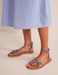 Einfache Sandalen mit flacher Sohle-Offiziersblau, Veloursleder