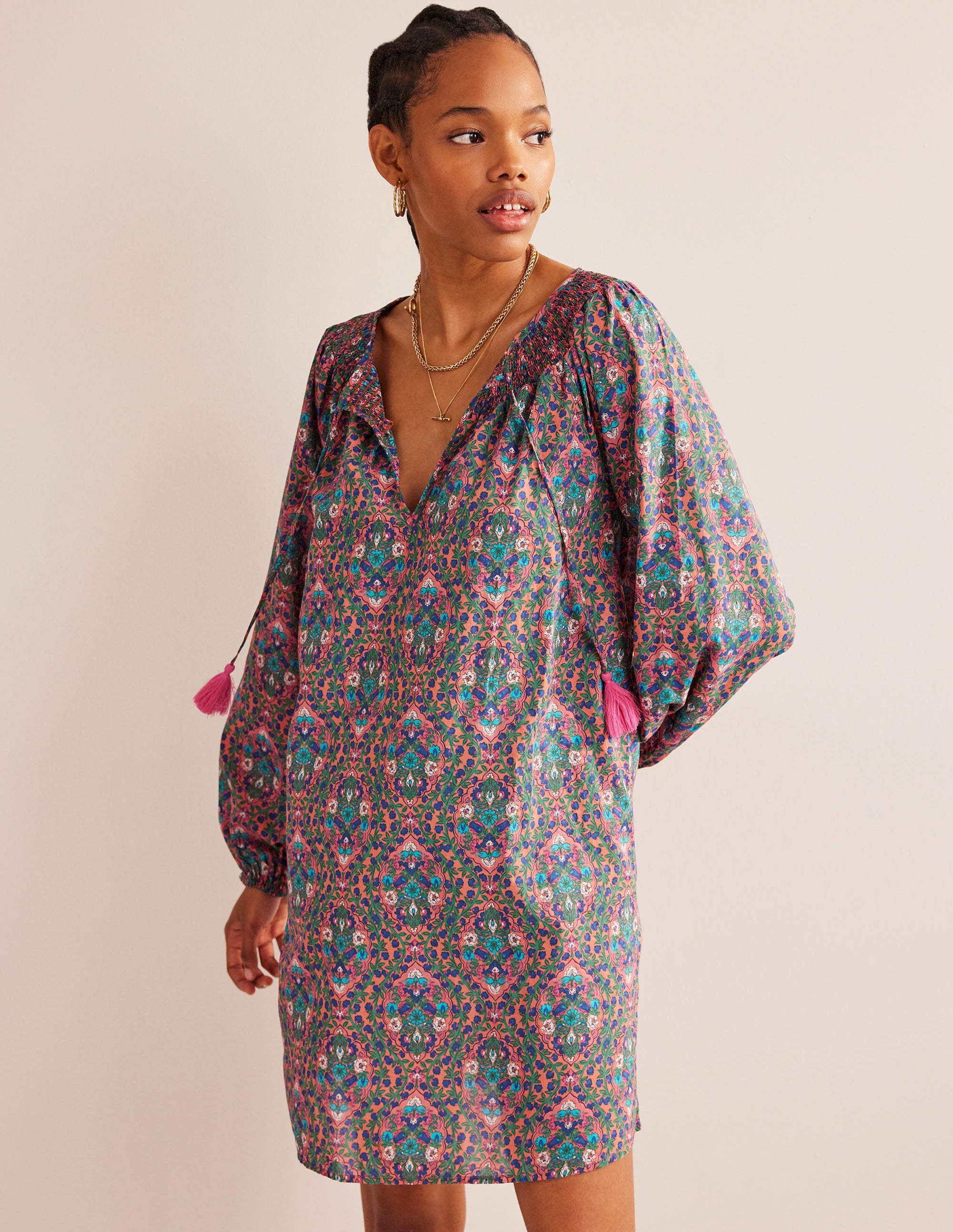 Strand-Kaftan mit Smok-Ausschnitt-Bunt, Weinranken - Image 1