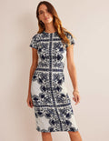 Jersey-Midikleid mit Stoffbahnen-Marineblau, Blumenmuster