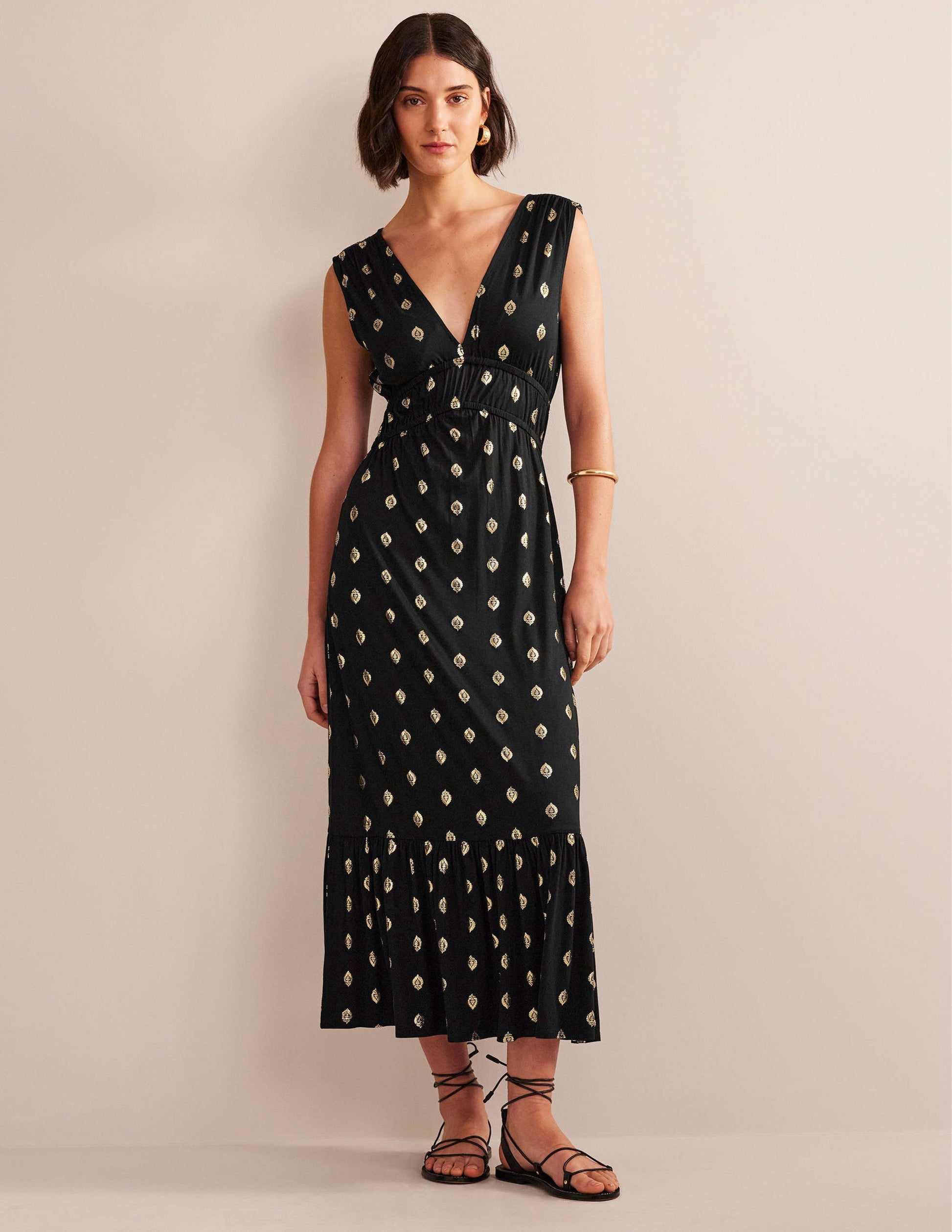 Robe longue en jersey à smocks-Noir, motif Tranquil Leaf-1