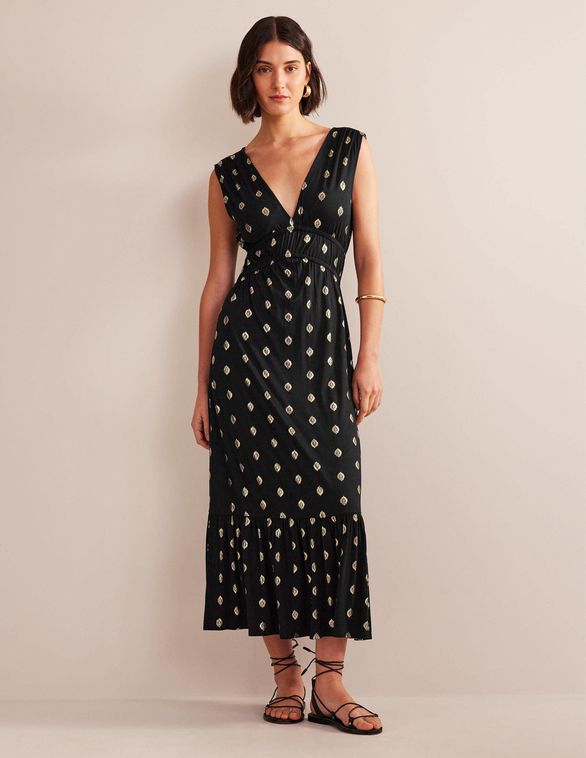 Robe longue en jersey à smocks-Noir, motif Tranquil Leaf-5
