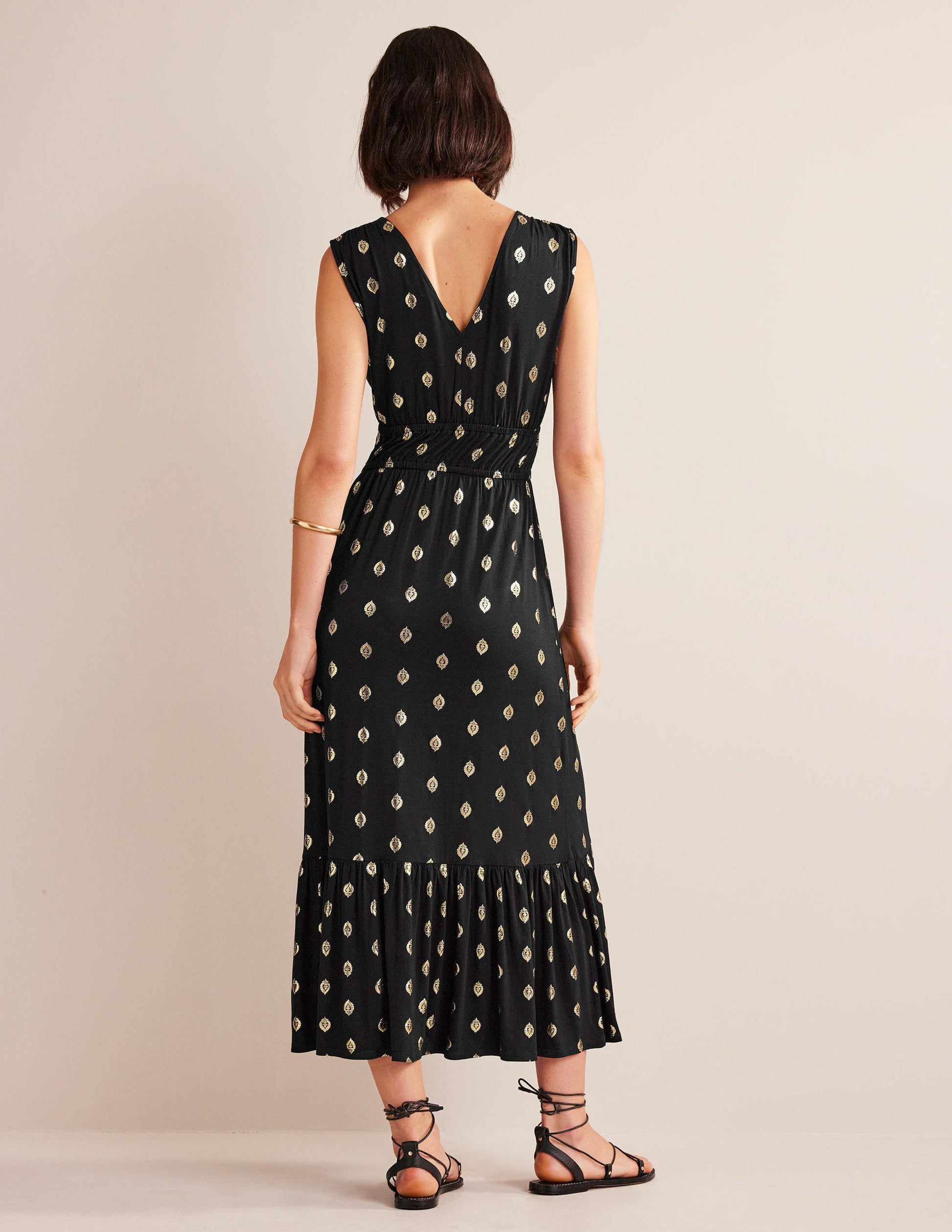 Robe longue en jersey à smocks-Noir, motif Tranquil Leaf-6