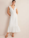 Jersey-Maxikleid mit Smokdetails-Weiß, Blattmuster