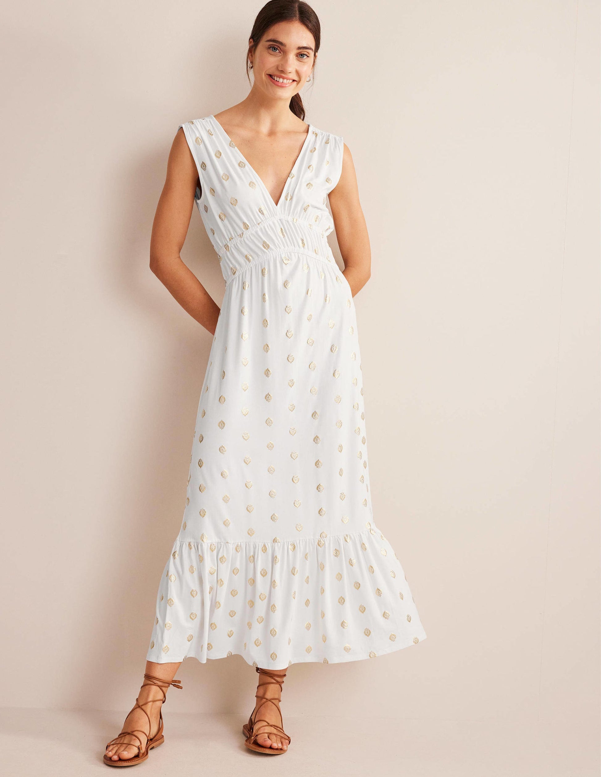Jersey-Maxikleid mit Smokdetails-Weiß, Blattmuster-1