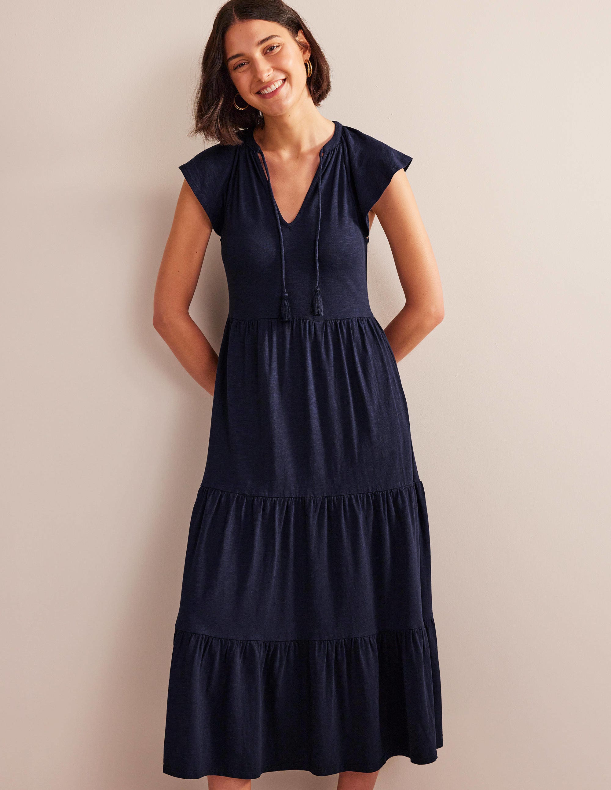 Gestuftes Jersey-Midikleid-Marineblau - Image 4
