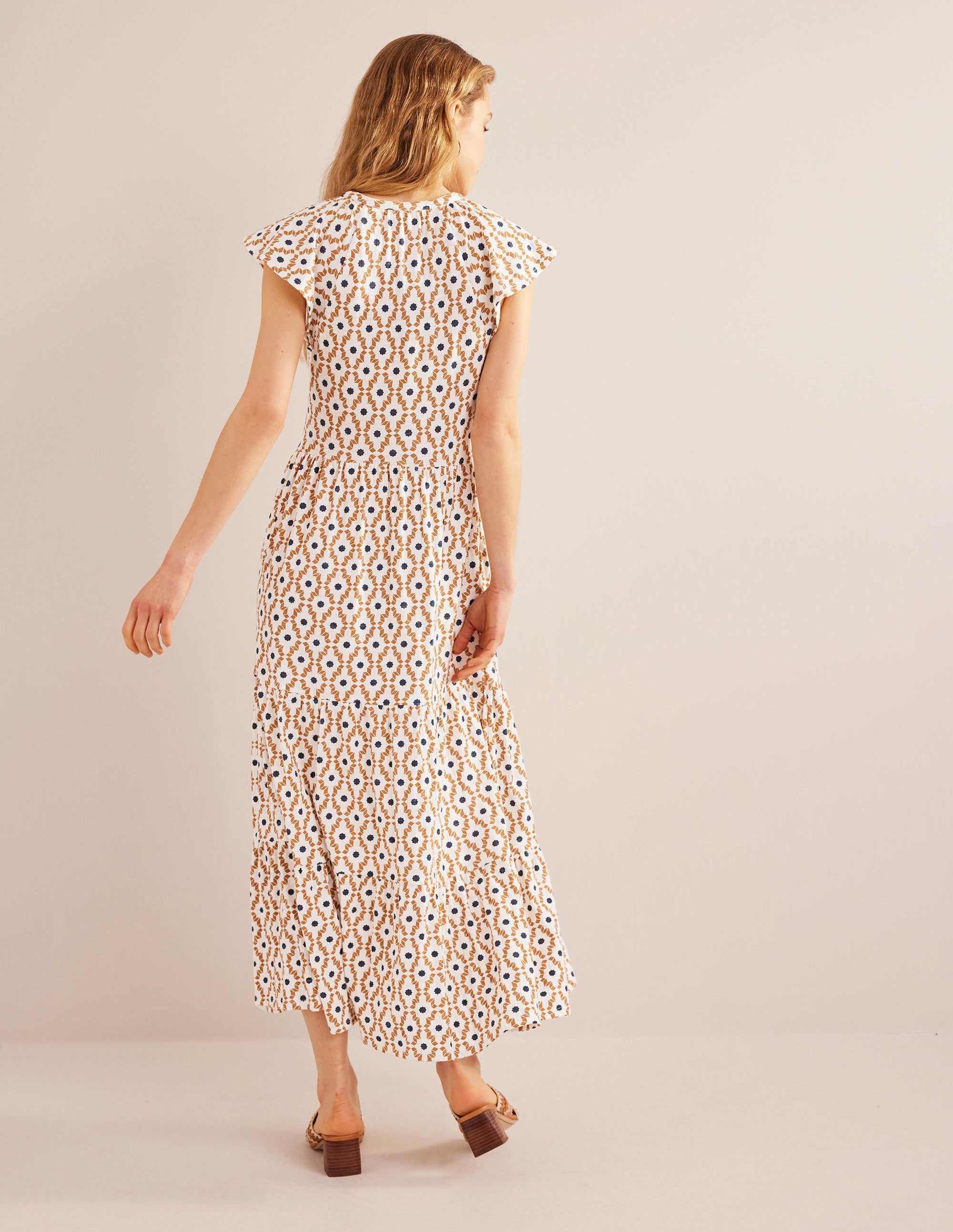 Gestuftes Jersey-Midikleid-Hellgelb, Geometrisches Diamantmuster - Image 3