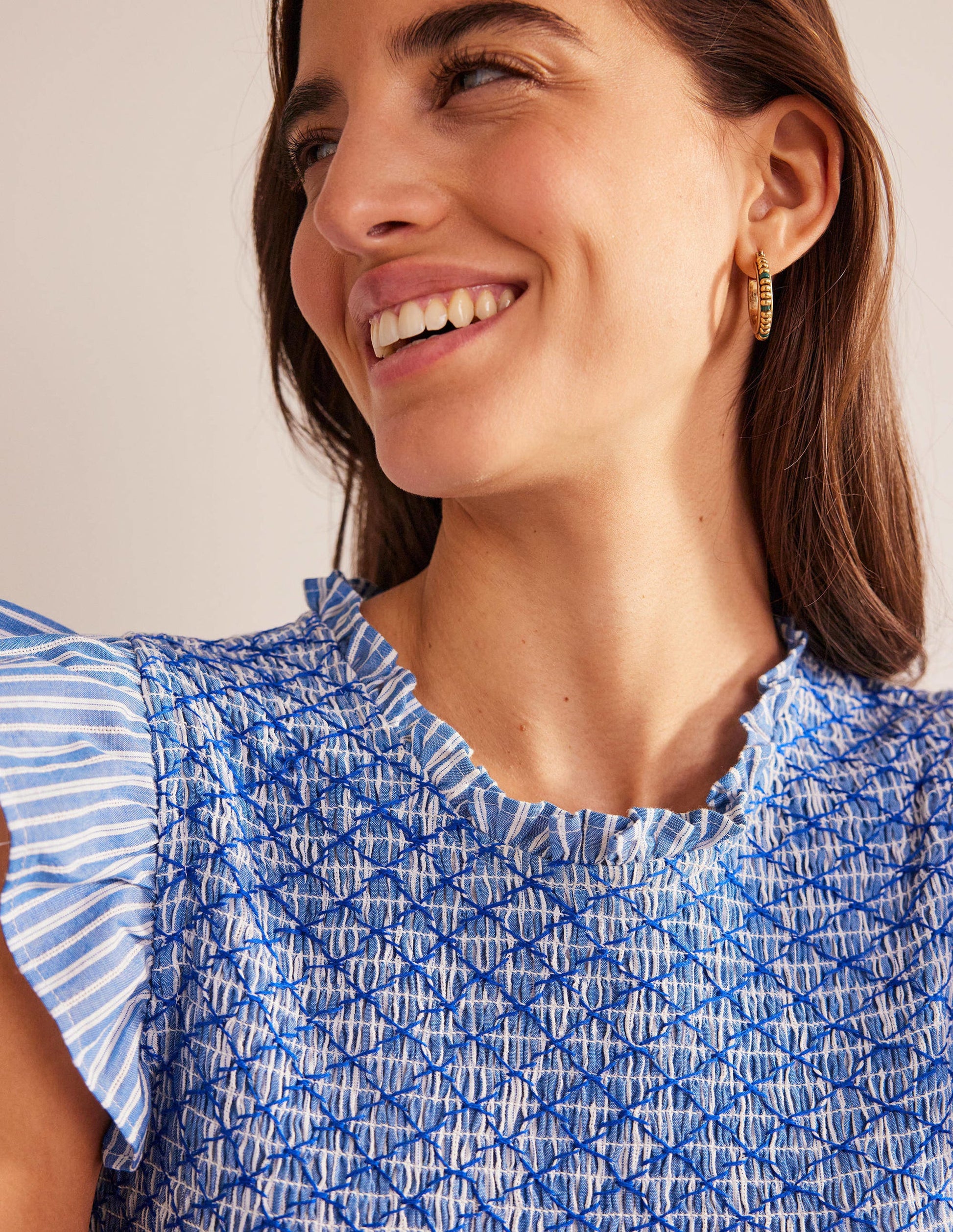 Smocked Bodice Midi Dress-Mid Blue, Leno Stripe-2